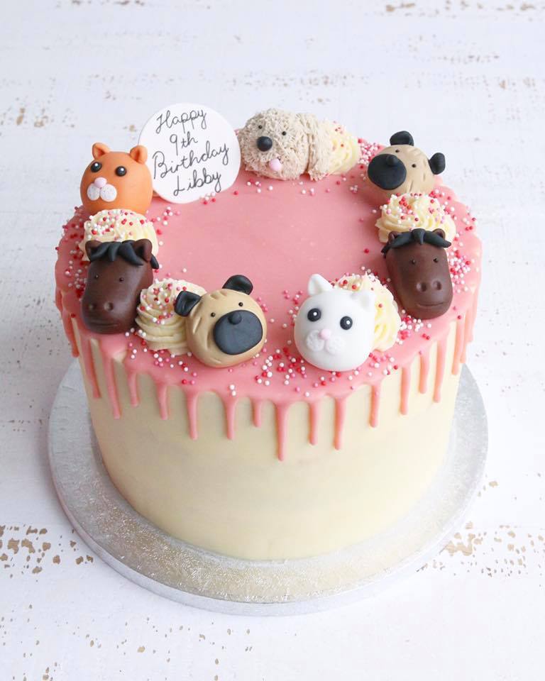 Birthday Cake with Pink Drip decorated with fondant animal heads - dogs, cats and horses