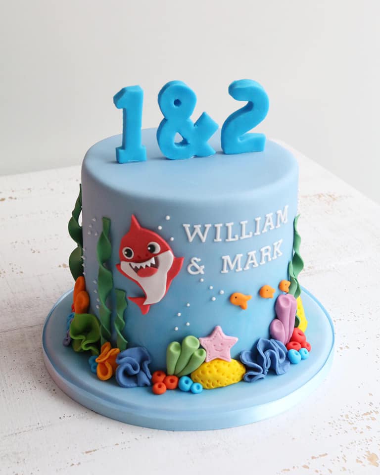 Blue Cake with Number 1 & 2 on Top with Baby Shark and Coral Under The Sea Decorations Round The Side