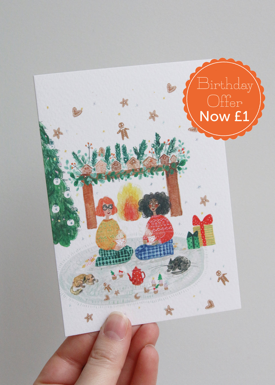 Girls by Fireplace Christmas Card