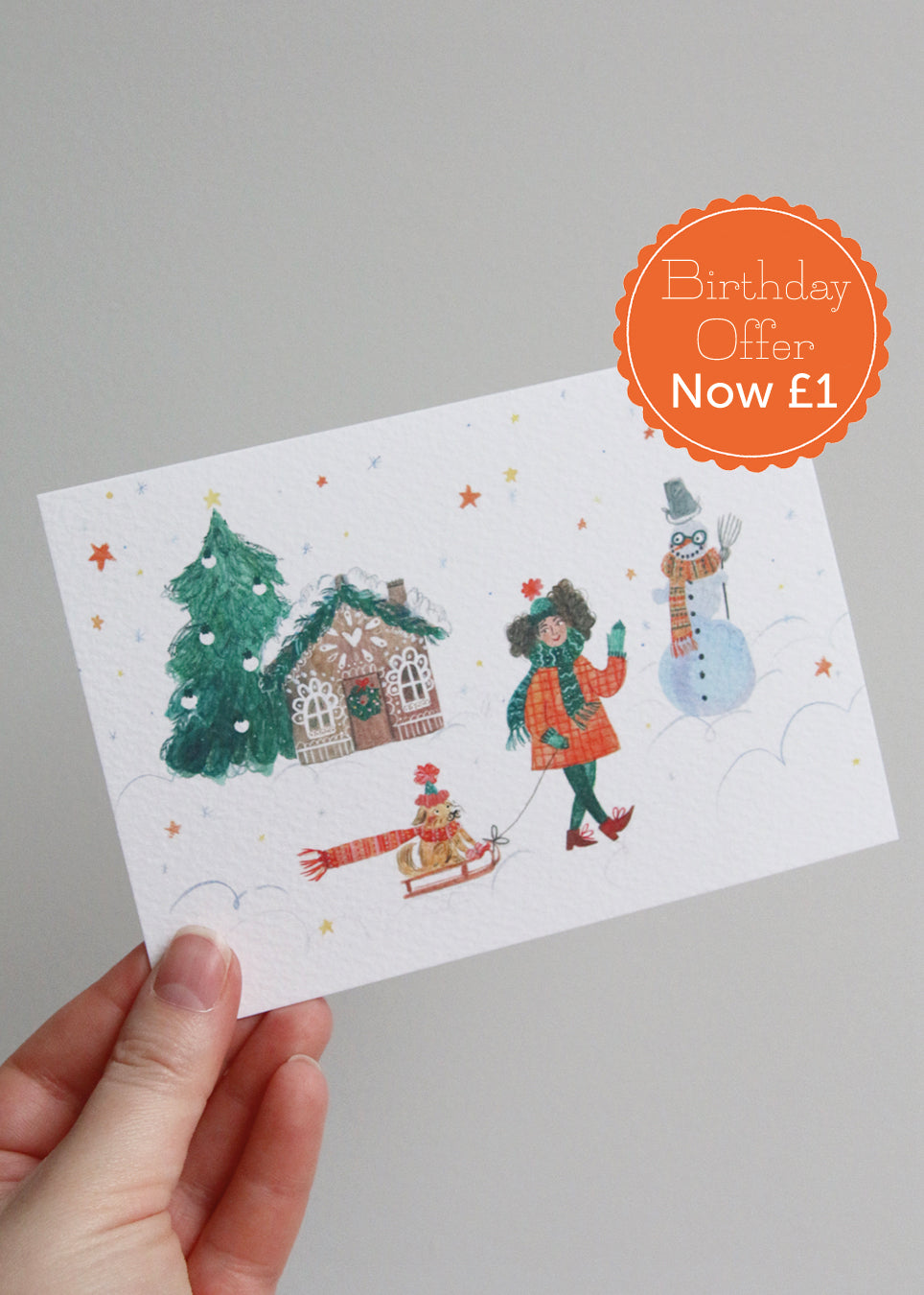 Girl with Dog and Snowman Christmas Card