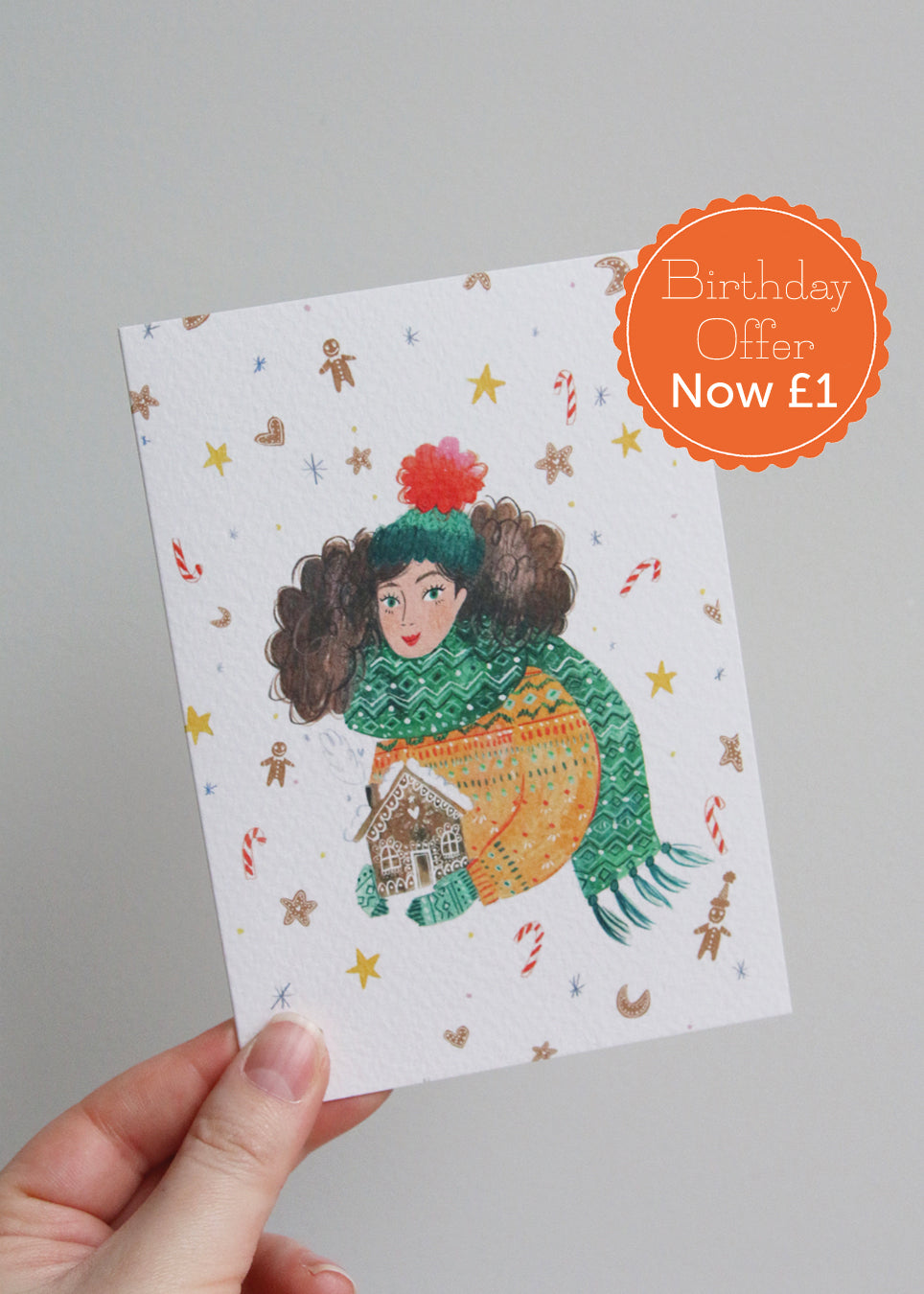 Girl with Gingerbread House Christmas Card