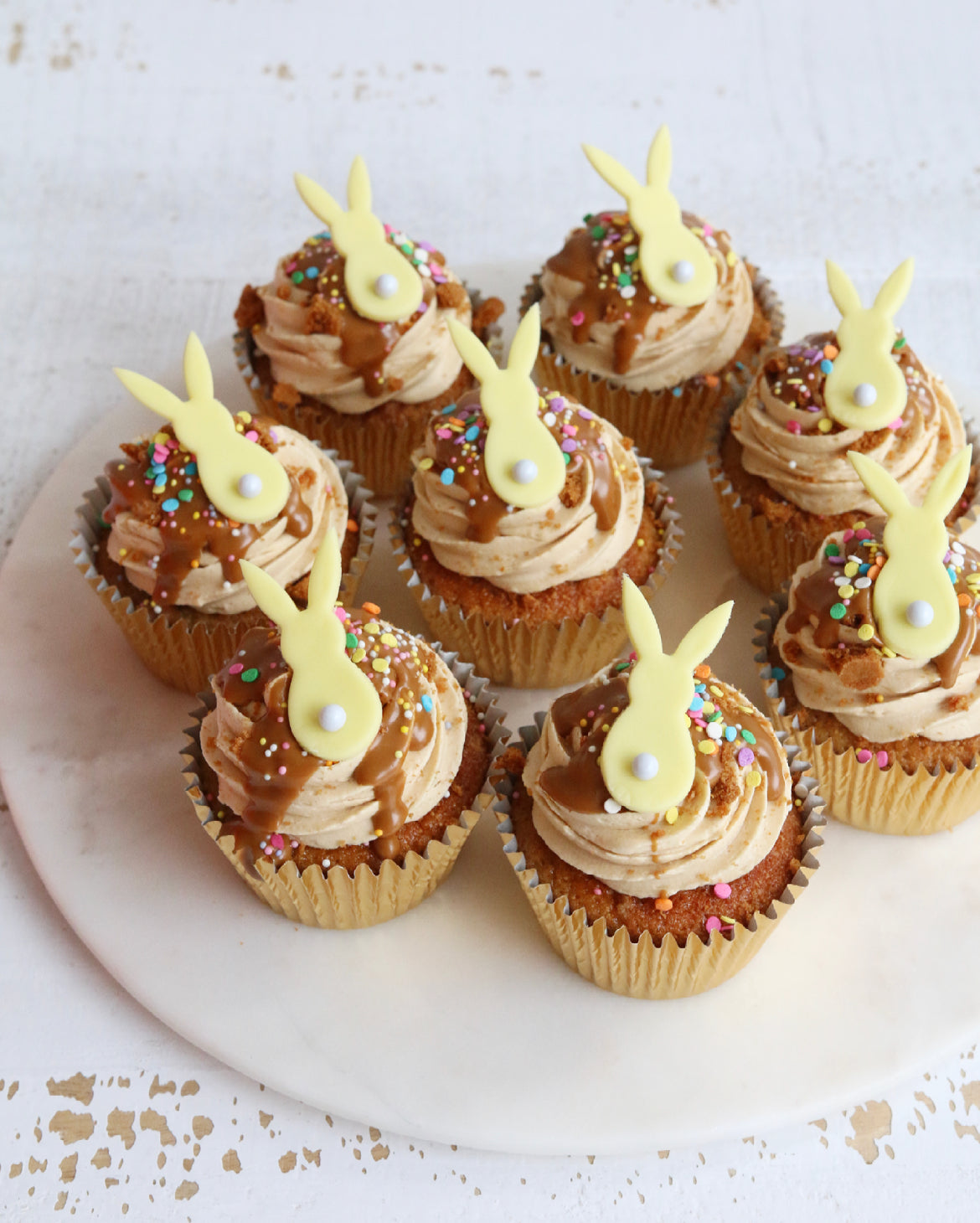 Biscoff Cupcakes with Yellow Bunny Decorations