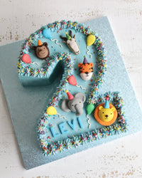 Blue Buttercream Number 2 Cake with Fondant Animals in Party Hats and Balloons