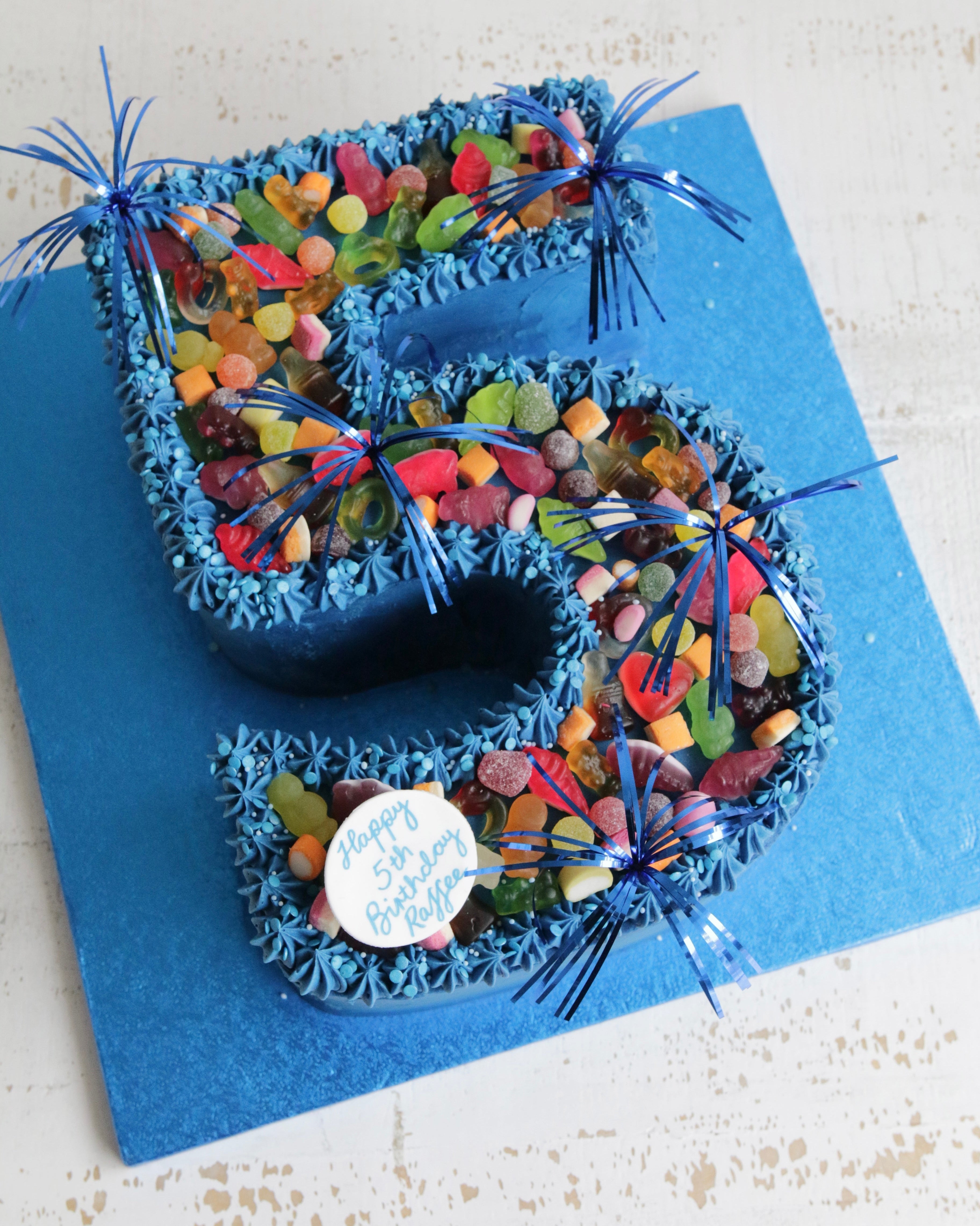 Blue Buttercream Number 5 Cake with Sweets and Sprinklers