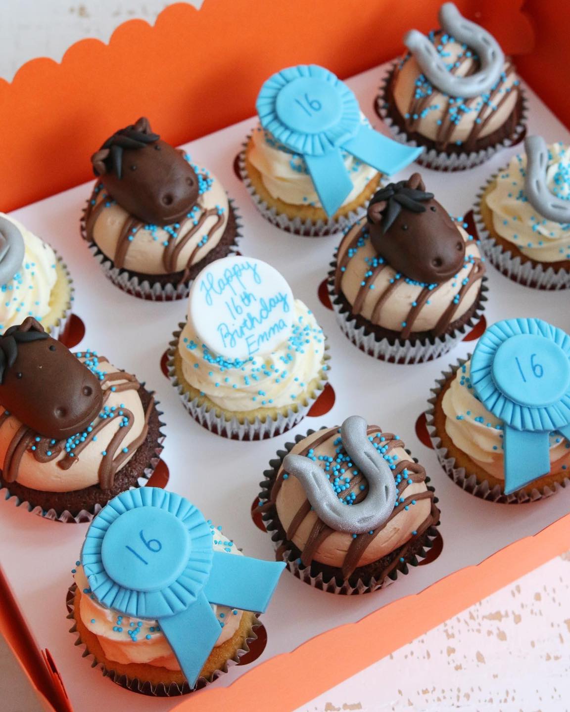 Box of Horse Themed Cupcakes with Horses, Horseshoes , Blue Rosettes and Birthday Message