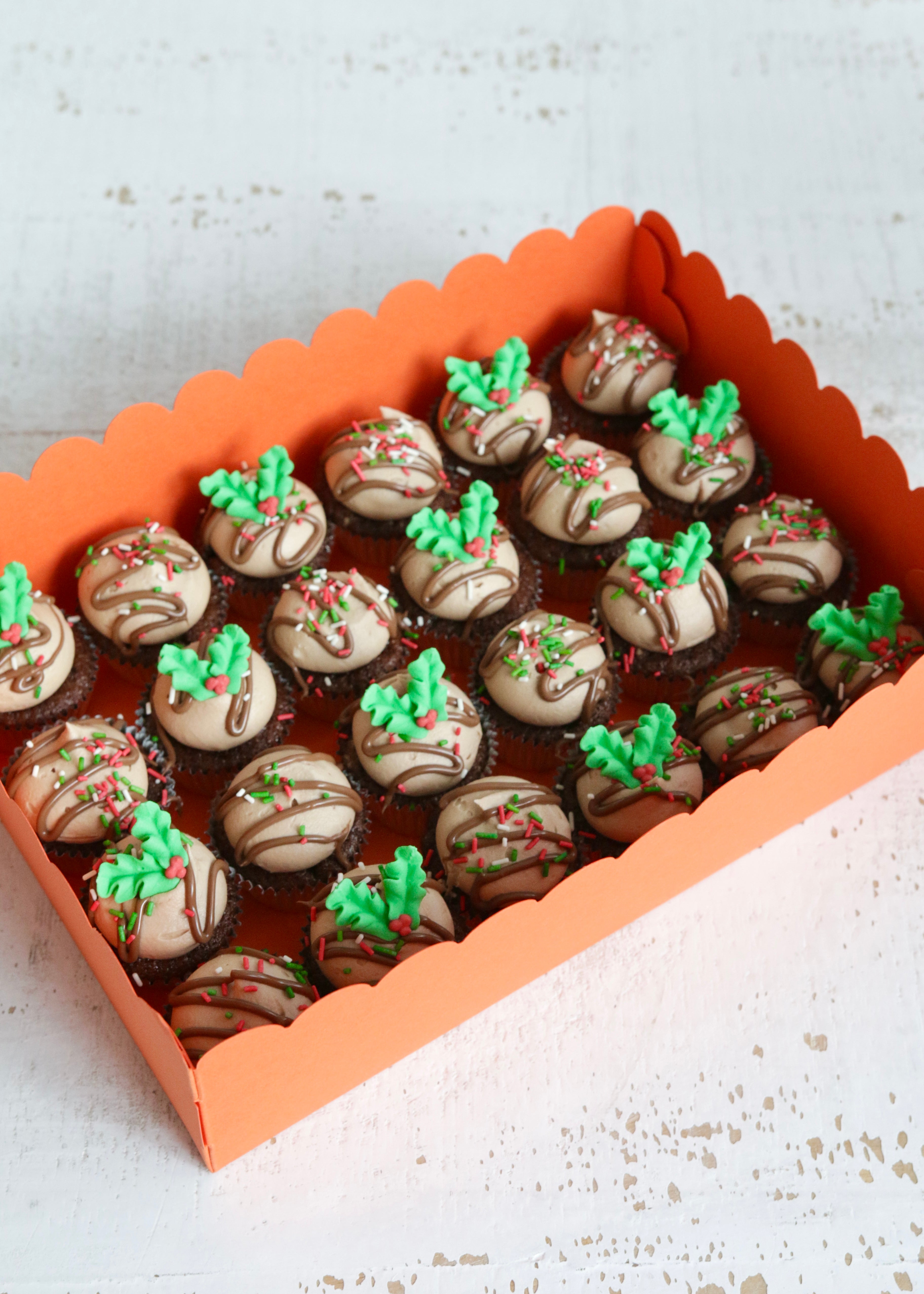 Box of 24 Chocolate Mini Christmas Cupcakes with Sprinkles and Holly Decorations