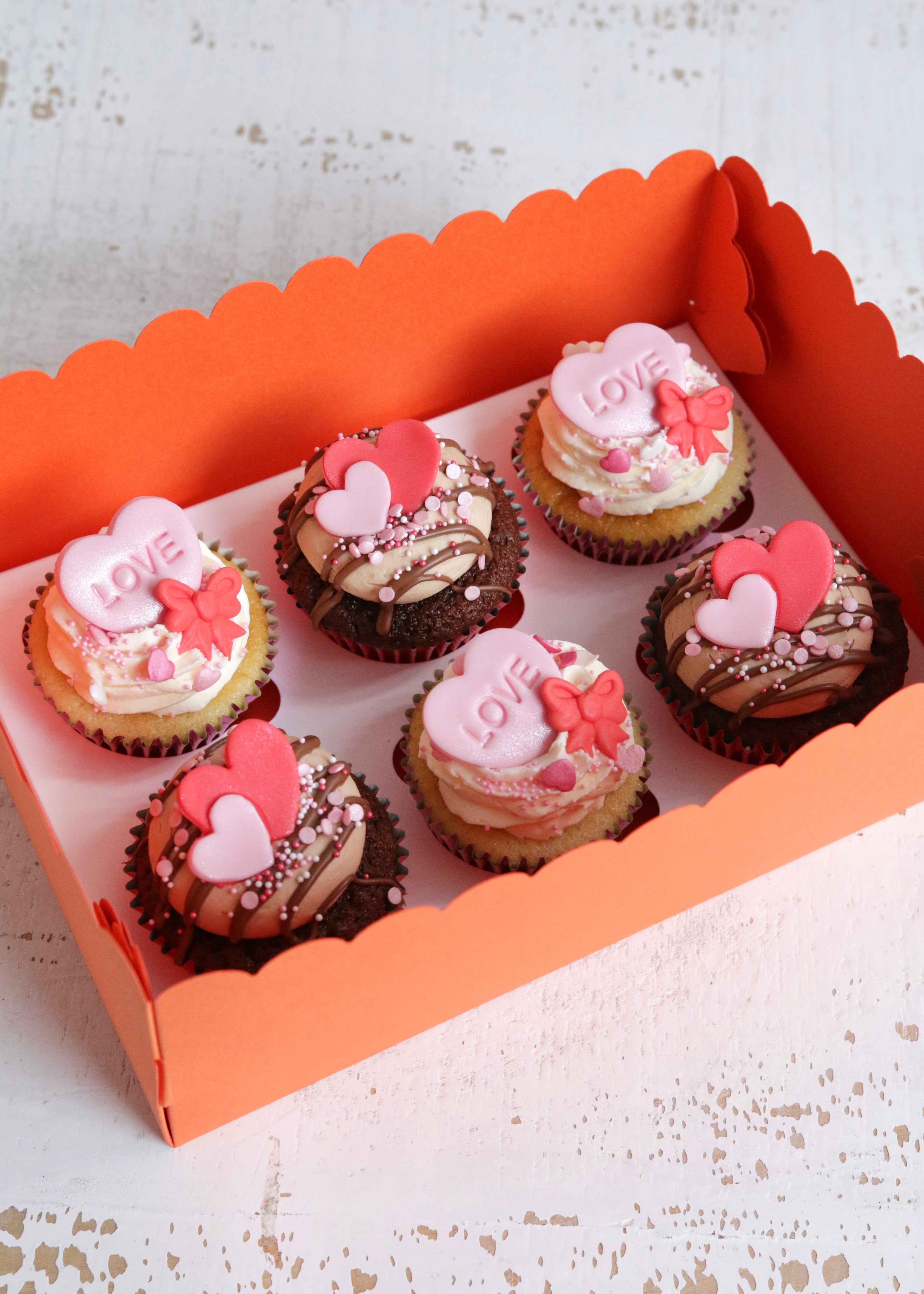 Box of Valentine's Vanilla & Chocolate Cupcakes with Pink & Red Heart & Bow Decorations