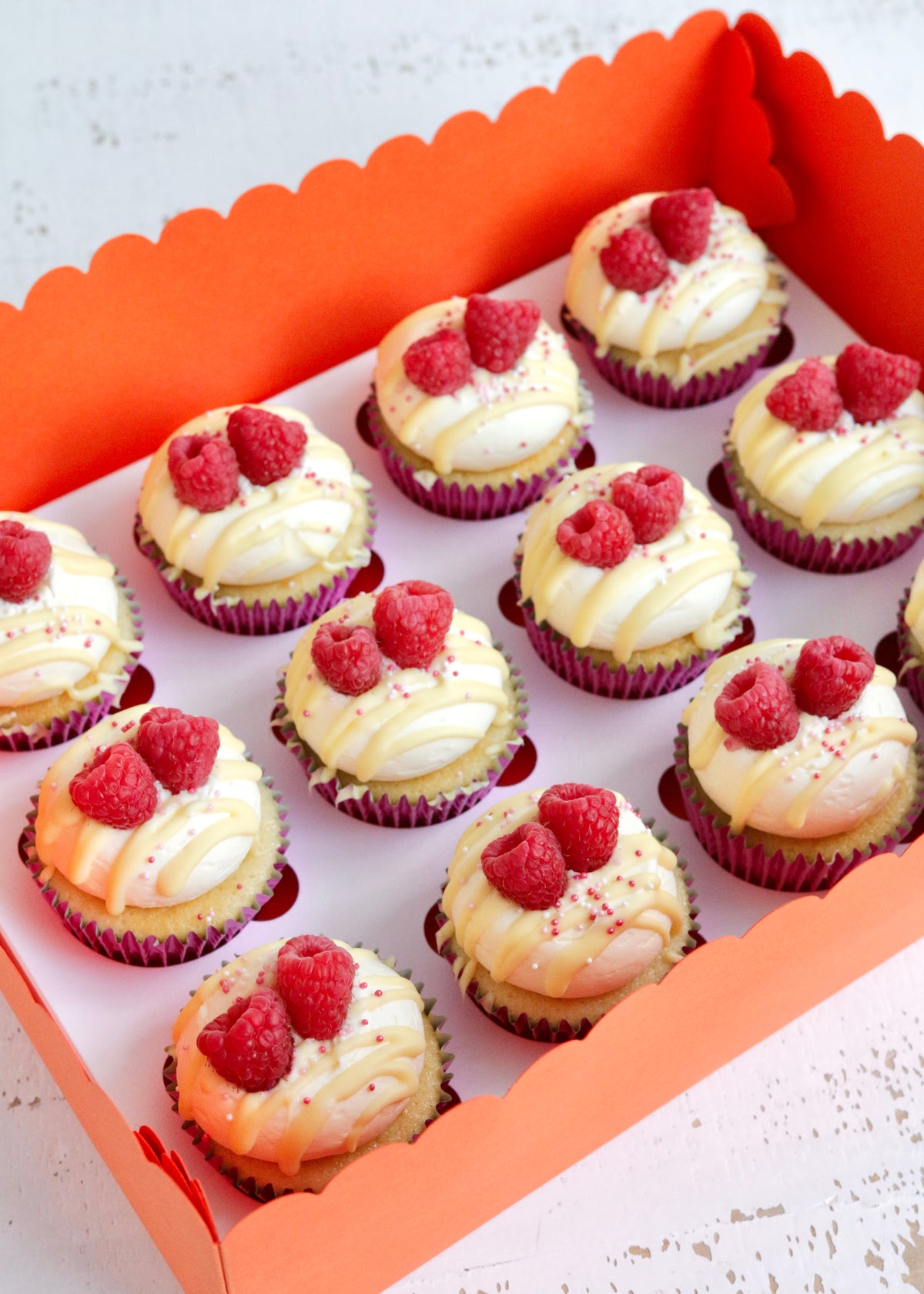 Box of 12 White Chocolate Raspberry Cupcakes