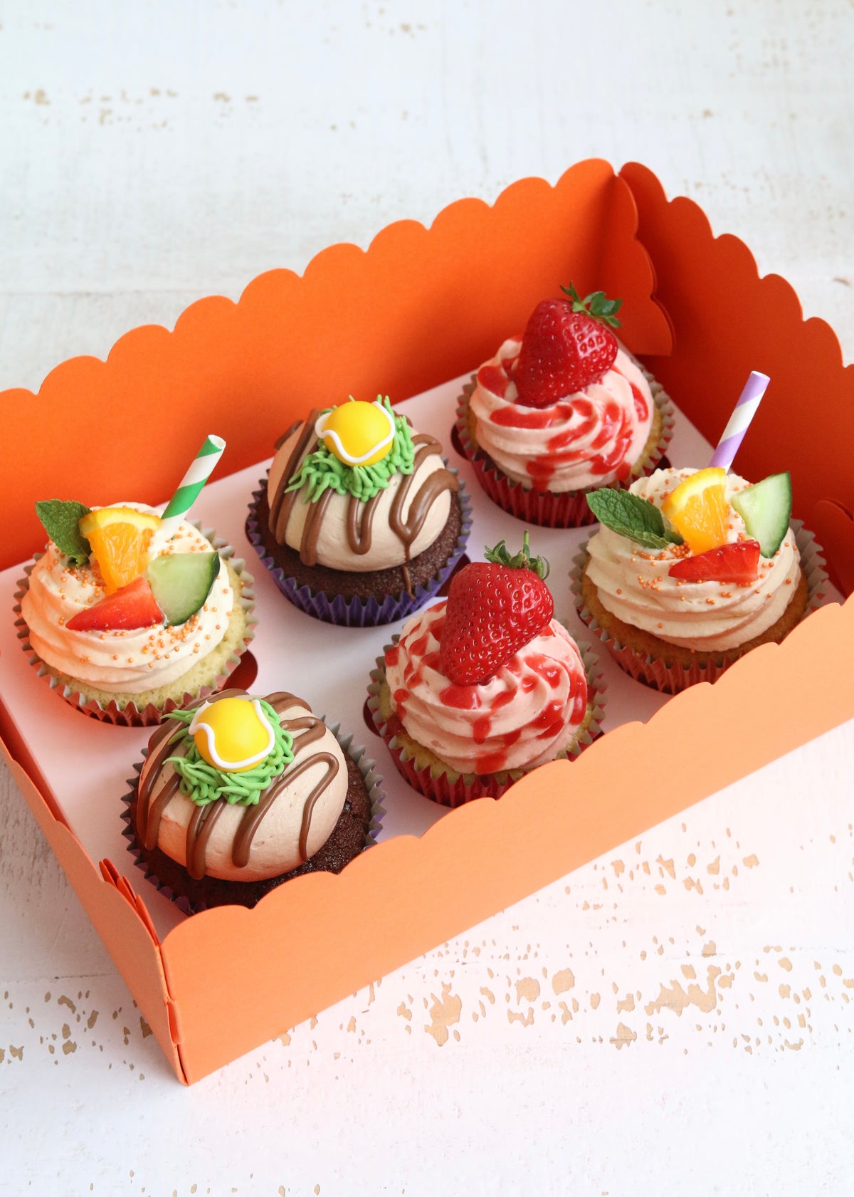 Box of Wimbledon Tennis Cupcakes - Pimm's, Strawberry & Chocolate Tennis Ball Cupcakes