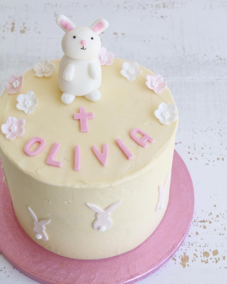 Christening Cake with Bunny and Pink Cross and Name