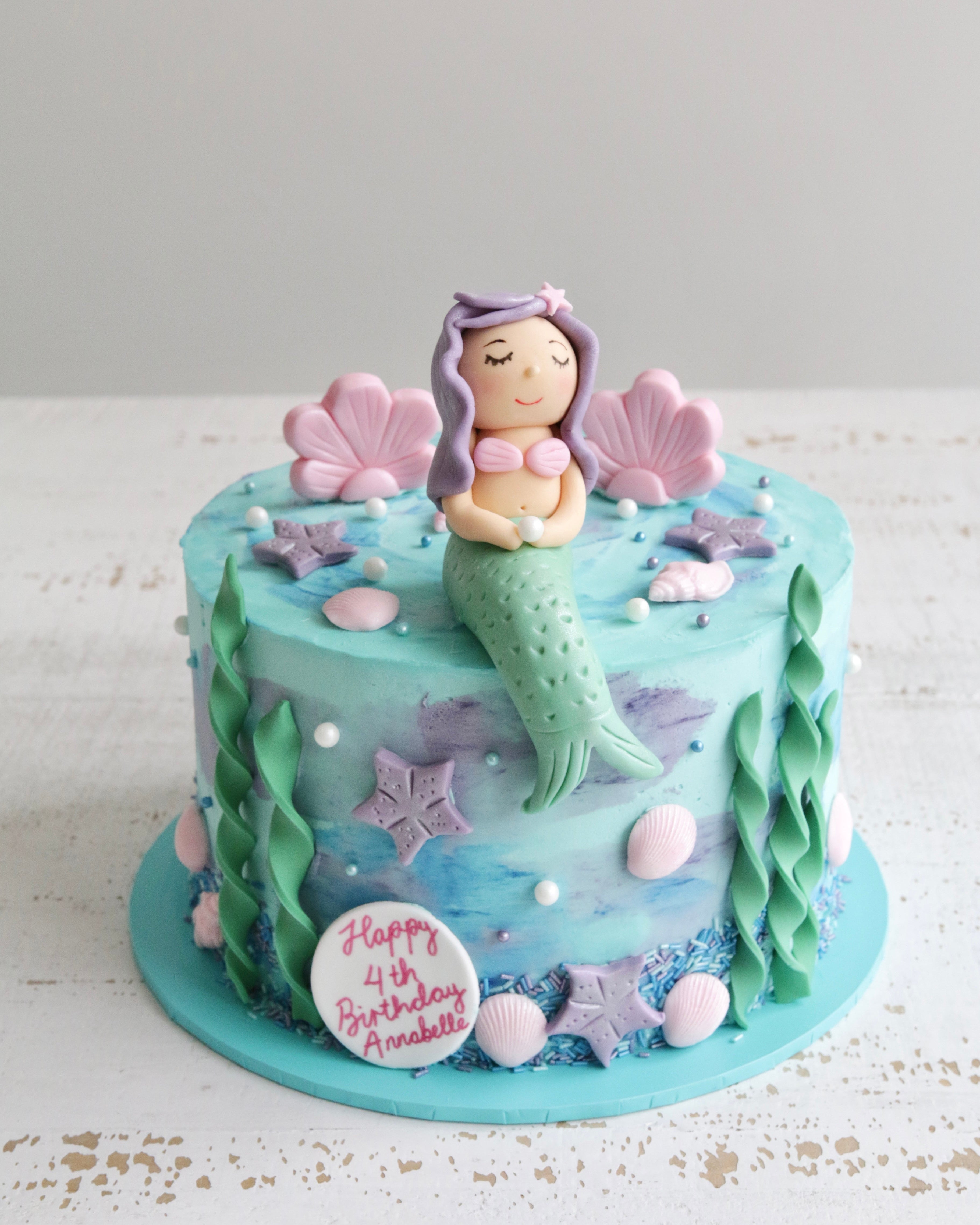 Buttercream Cake with Under The Sea Decorations and Fondant Mermaid and Shells