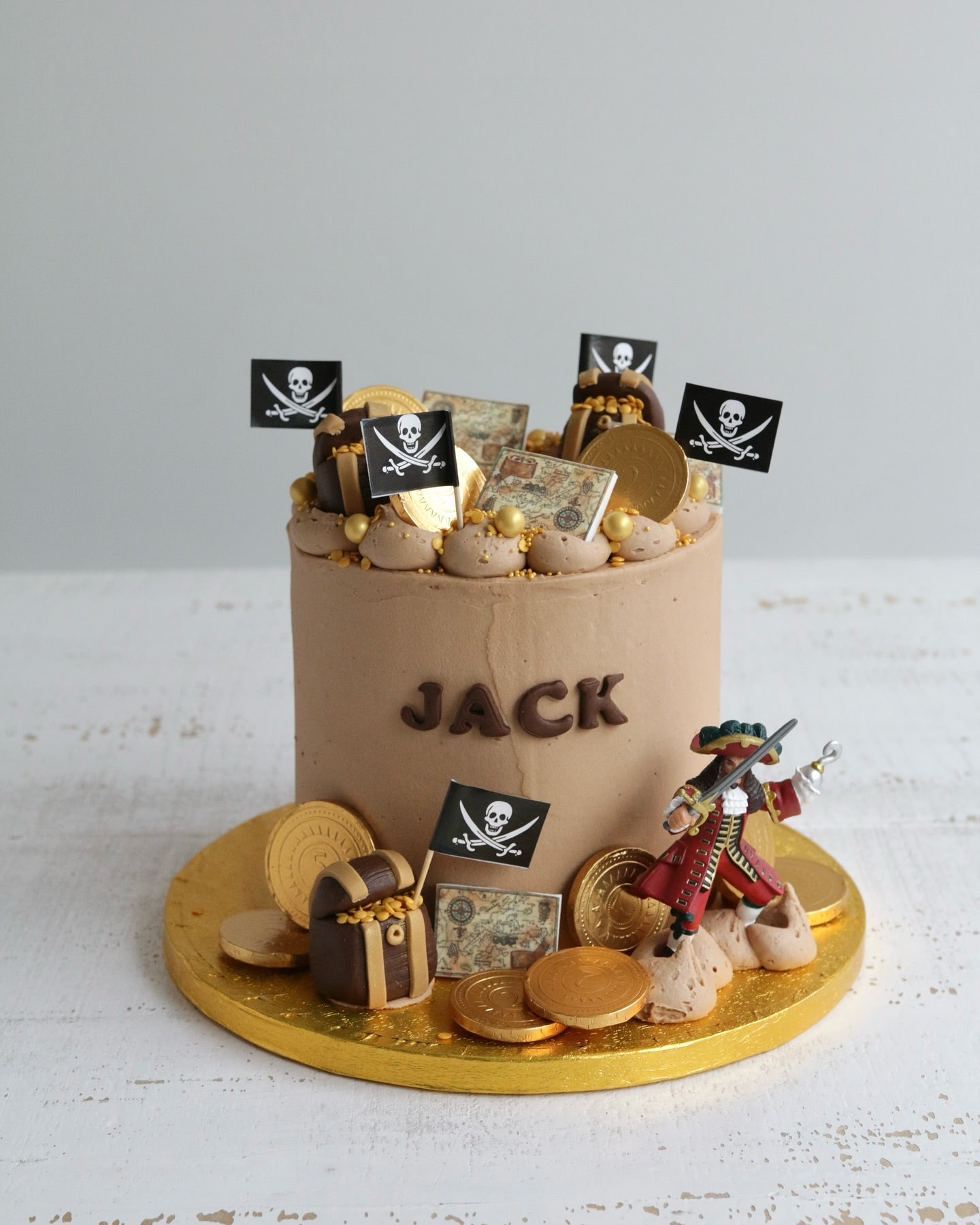 Chocolate Pirate Cake with Pirate Figure, Gold Coins and Pirate Flag