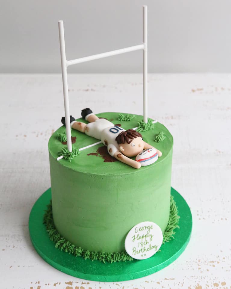 England Rugby Birthday Cake - Green Buttercream with Rugby Posts and Fondant Rugby Player Scoring a Try