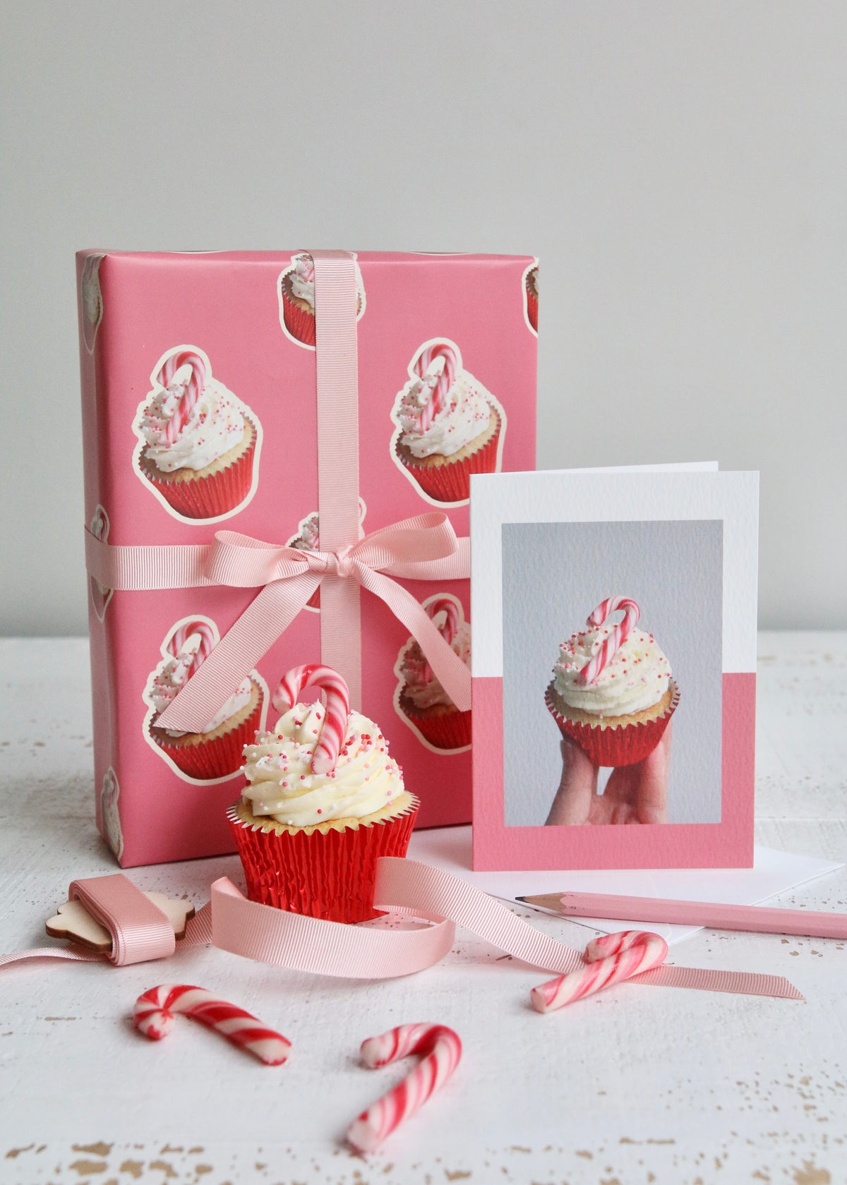Candy Cane Cupcake Photo Card and Wrapping Paper with Cupcake and Ribbon