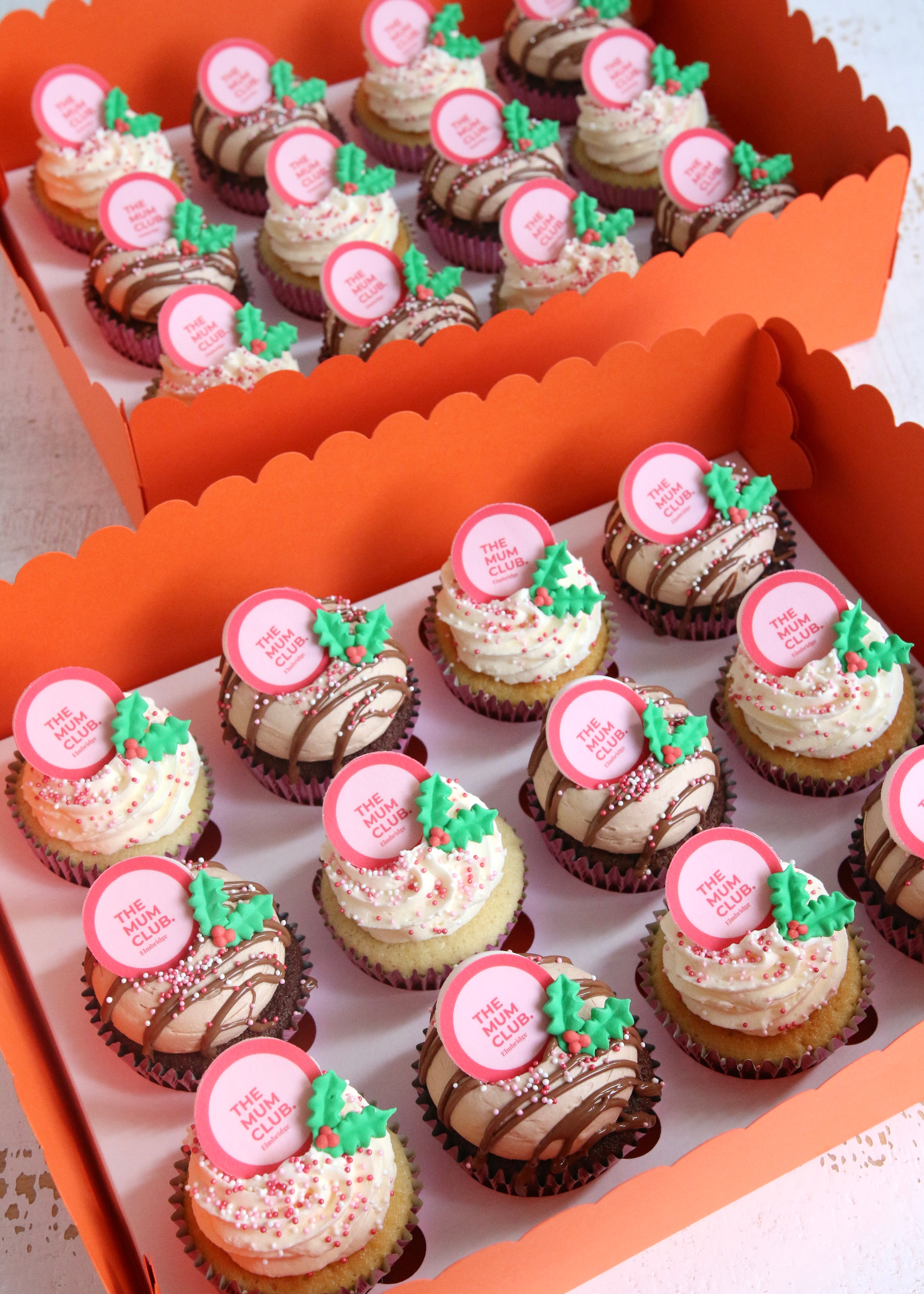 Christmas Corporate Logo Cupcakes with Holly for Mum Club Elmbridge in Vanilla and Chocolate