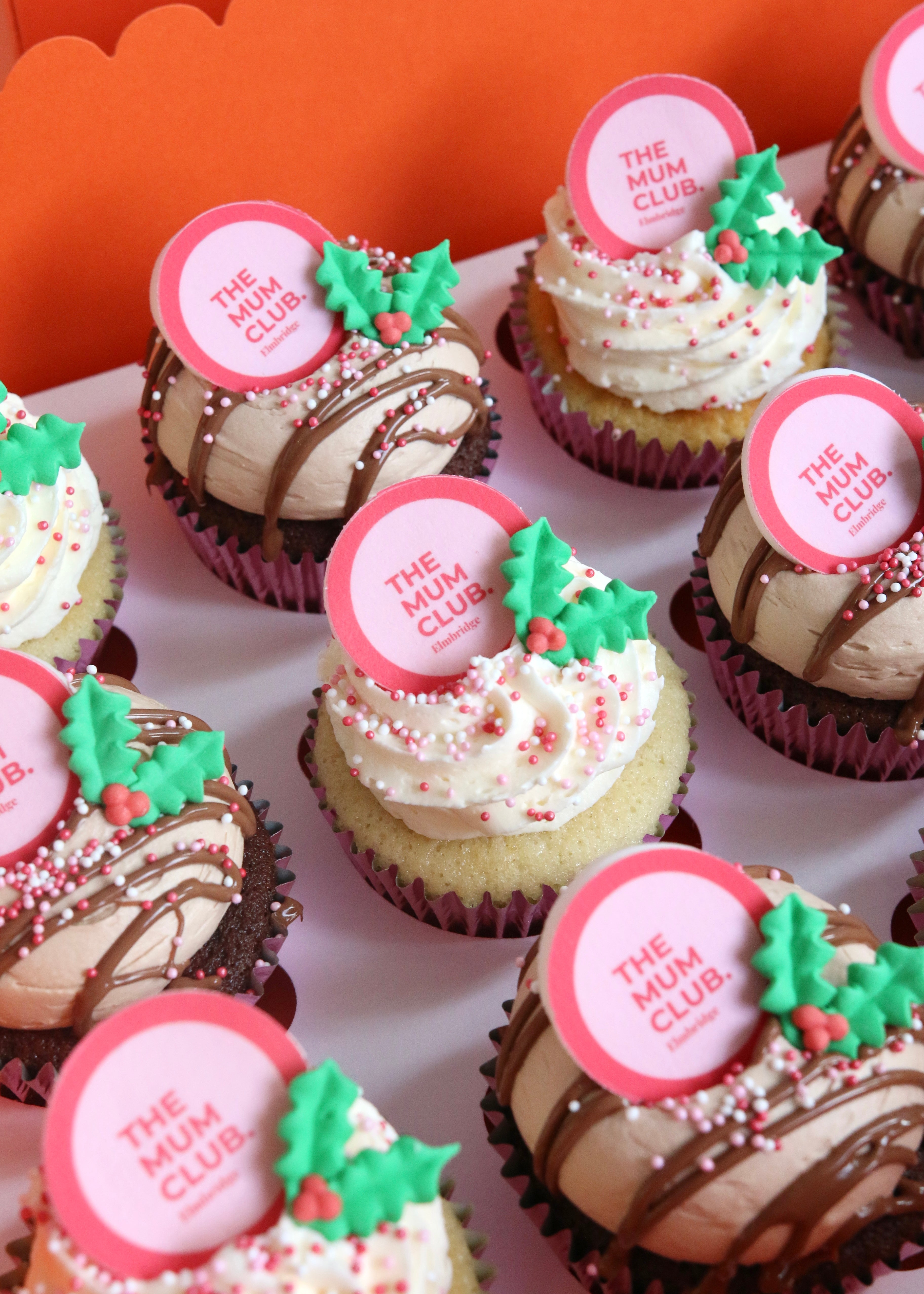 Christmas Corporate Logo Cupcakes with Holly for Mum Club Elmbridge Close Up