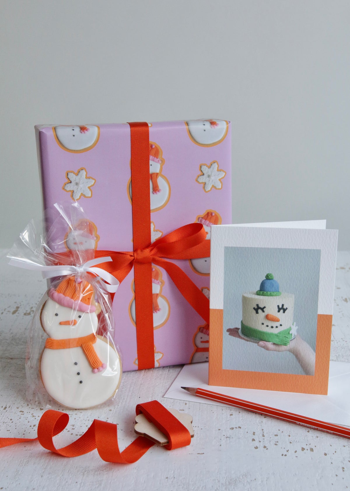 Snowman Cake Christmas Card, Snowman Biscuit Wrapping Paper and Snowman Bisscuit