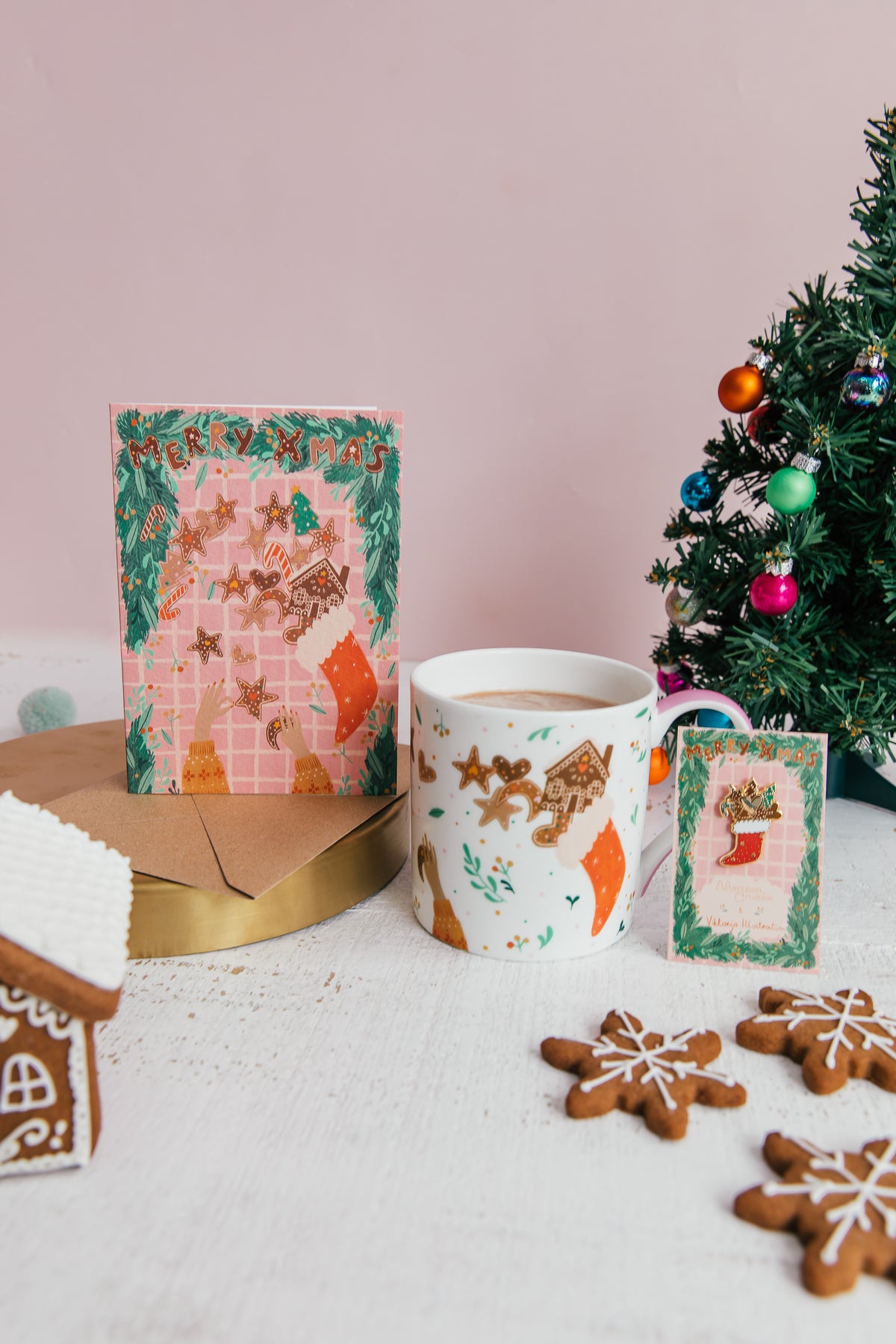 Christmas Stocking Collection - Enamel Pin, Mug and Greeting Card