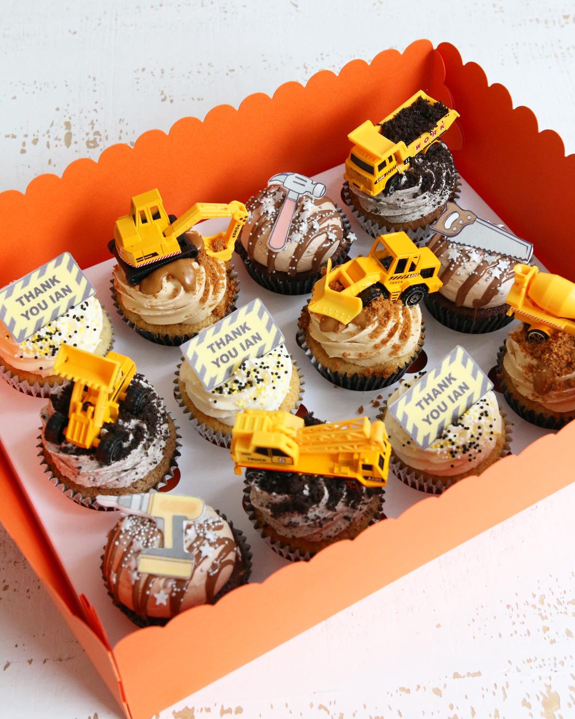 Box of Cupcakes with digger toys, printed tools and thank you messages