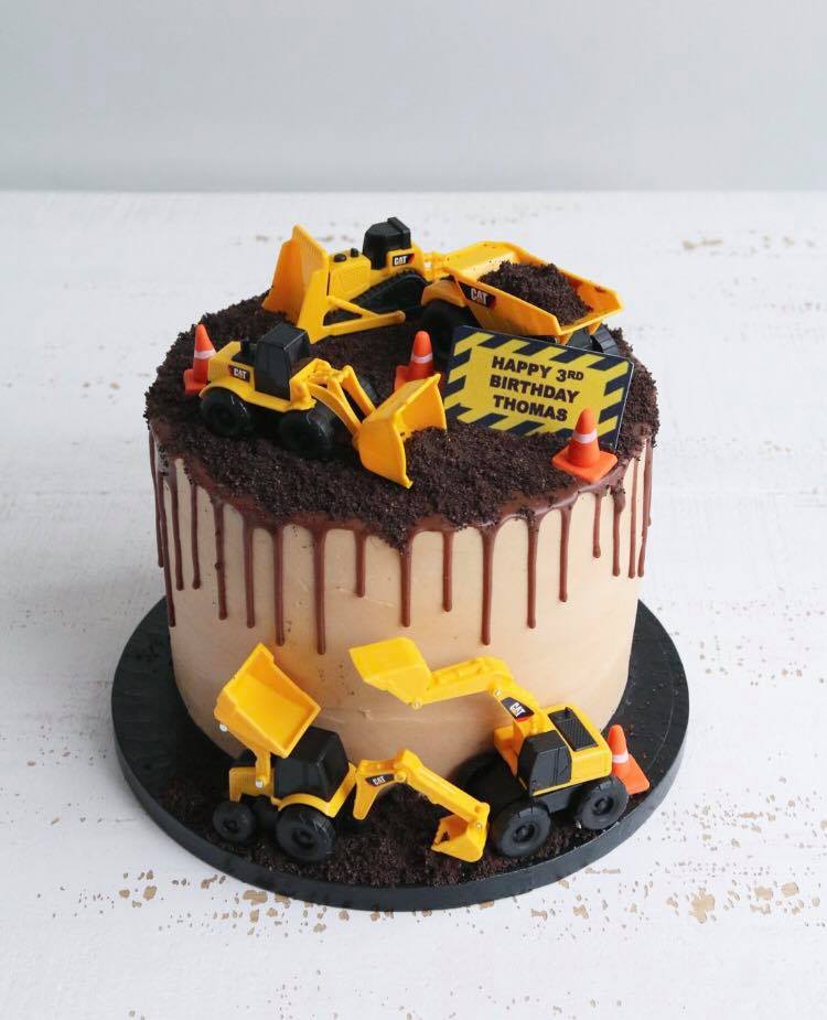 Chocolate 3rd Birthday Drip Cake with Digger Toys, Traffic Cones and Oreo "Dirt" 