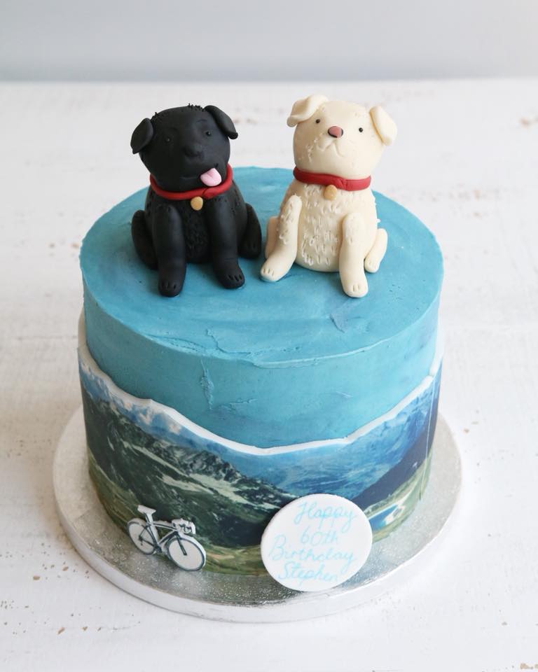 Blue cake with mountain scenery round the outside with a bicycle and two fondant dog figures on top - one black and one whit