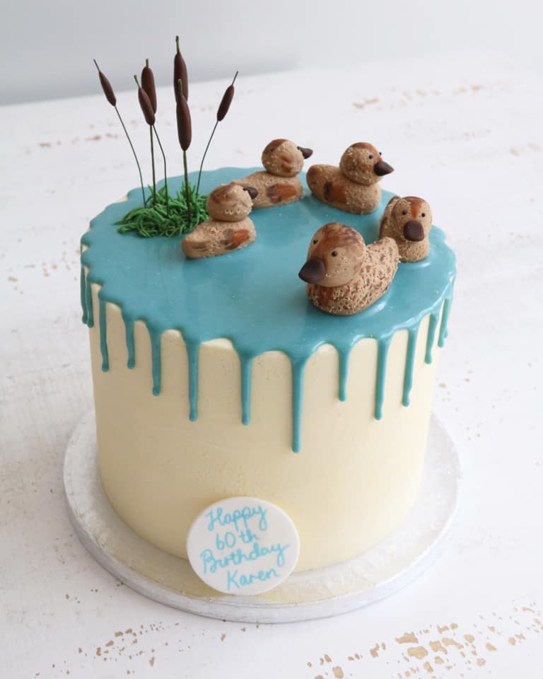Blue Drip Cake with Ducks and Reeds