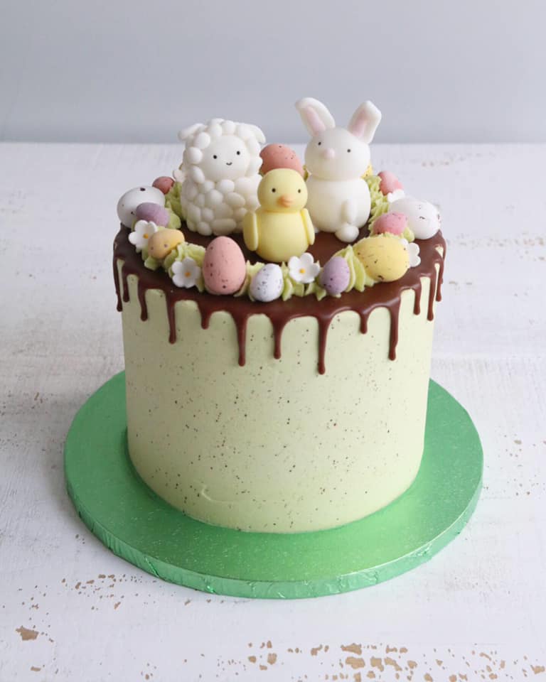 Easter Drip Cake with Sheep, Bunny and Chick Decorations