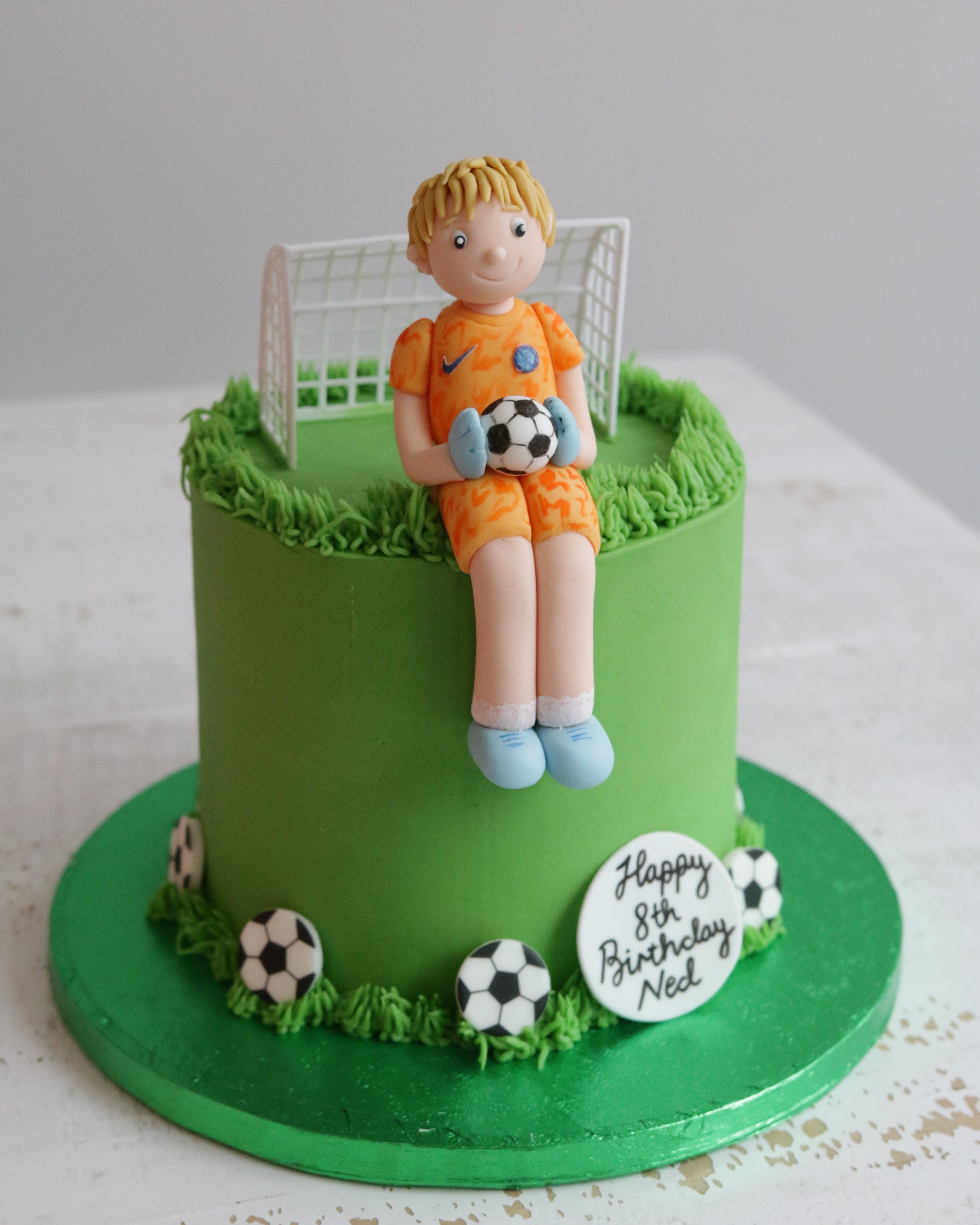 Green Buttercream Birthday Cake with Football Goal and Chelsea Goalkeeping Figure