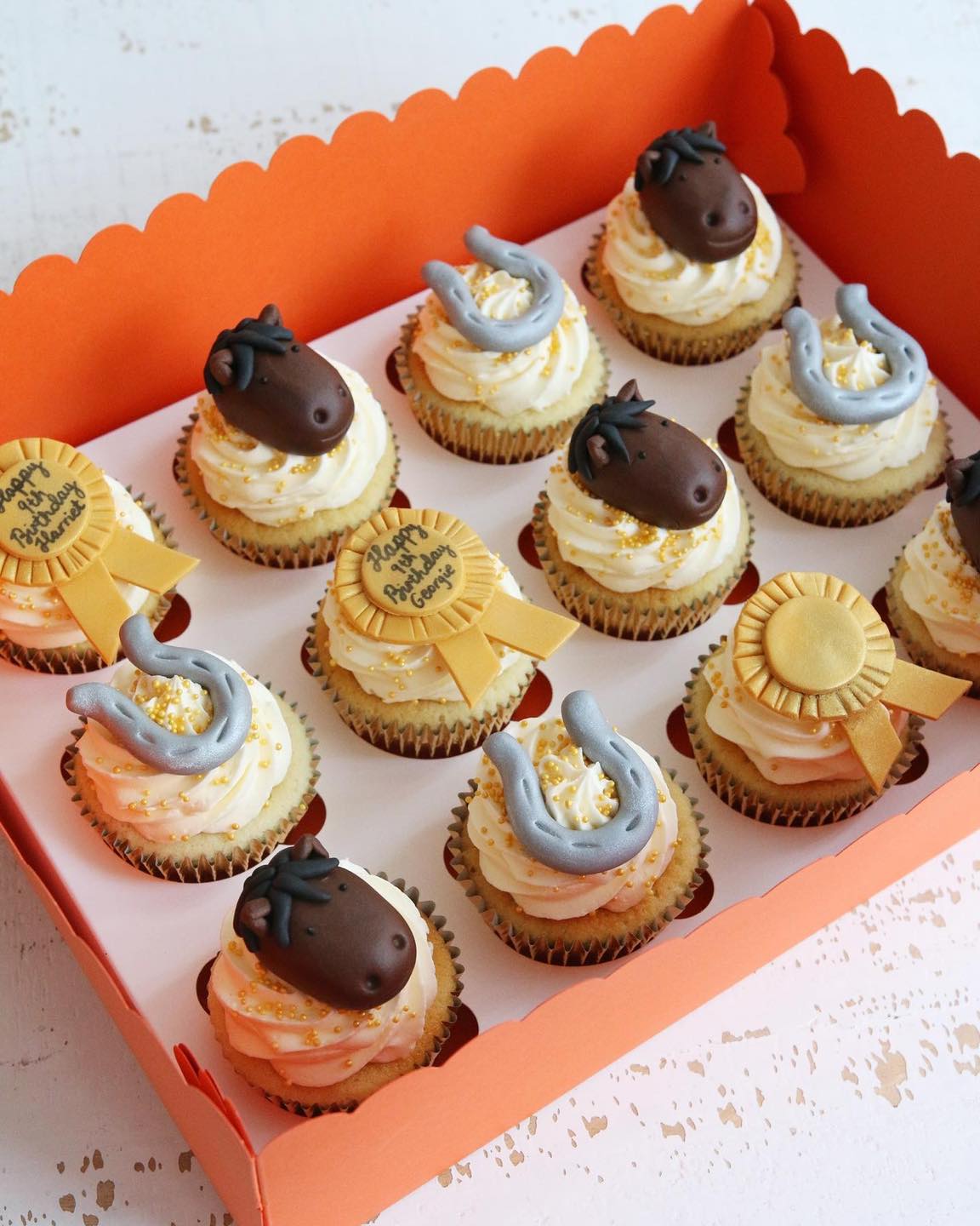 Box of Horse Themed Cupcakes with Horses, Horseshoes , Gold Rosettes and Birthday Message
