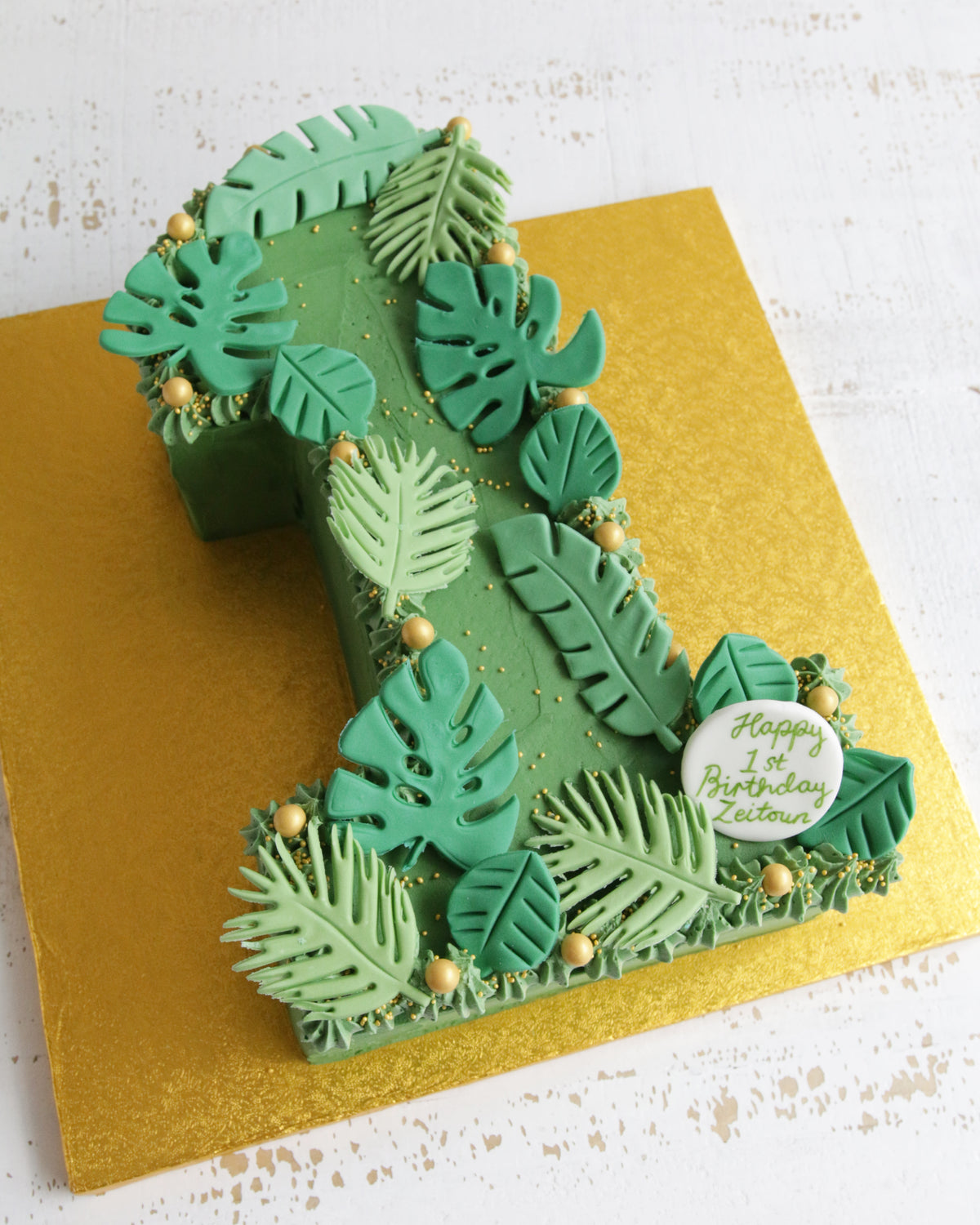 Green Buttercream Number 1 Cake with Leaves Zeitoun Claygate 1st Birthday