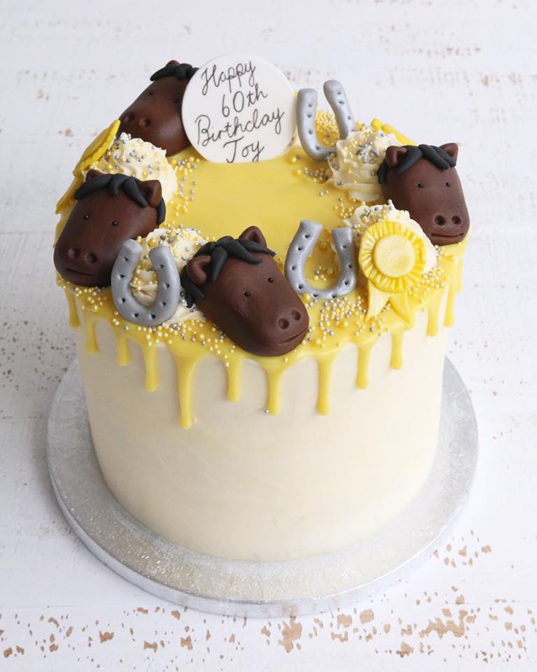 Horse, Horseshoe and Rosettes Birthday Cake with Yellow Drip