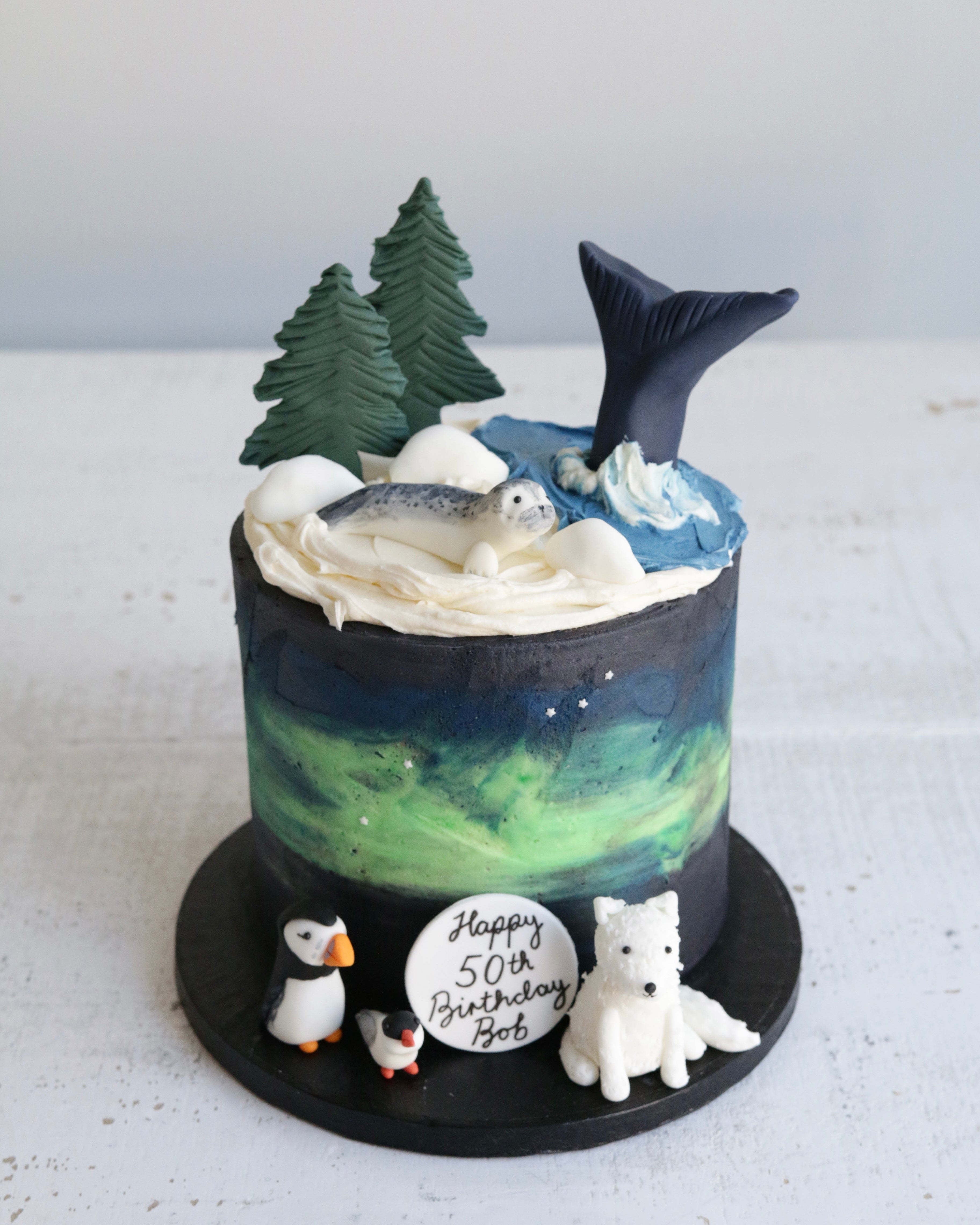 Iceland Themed Cake with Arctic Animals and Buttercream Northern Lights
