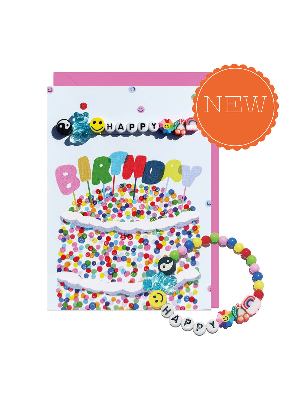 A colorful birthday card featuring a cartoon cake covered in multicolored confetti and the word 'BIRTHDAY' in large letters, shown with a matching beaded friendship bracelet with 'HAPPY' message. An orange circular badge in the top right says 'NEW'.