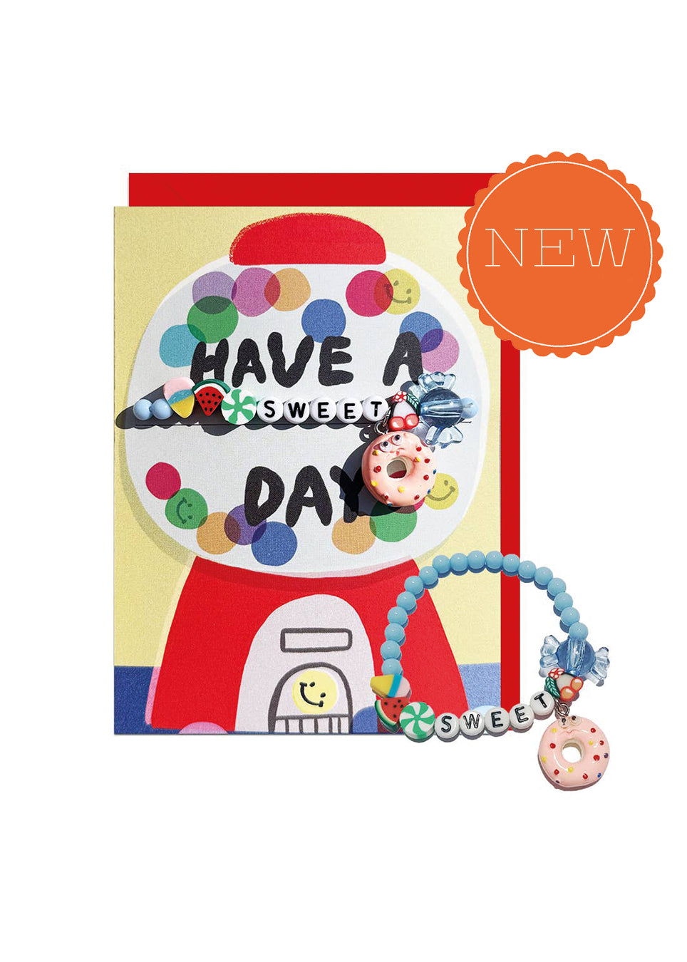 A colorful greeting card featuring a gumball machine illustration with the words 'HAVE A SWEET DAY' and a blue beaded bracelet with a donut charm, and beads spelling 'SWEET' shown on a white background with an orange 'NEW' badge.