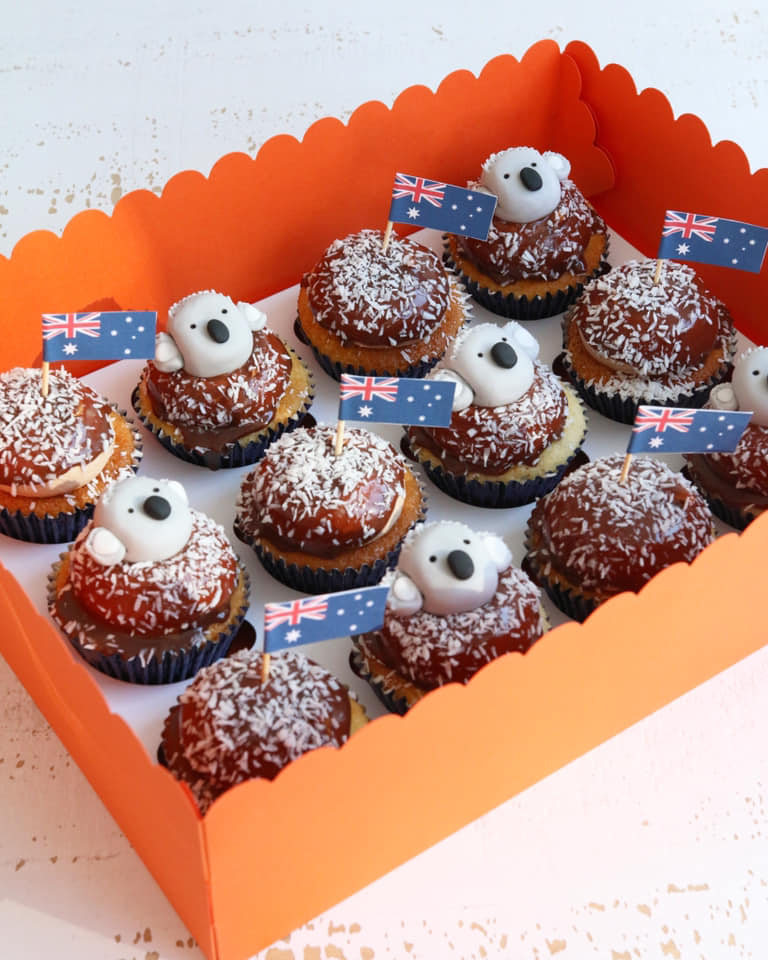 Lamington Cupcakes with Koalas and Australian Flags