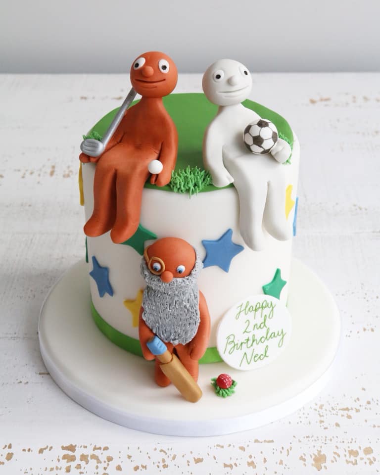 Birthday Cake with Morph Characters Playing Golf, Football and Cricket