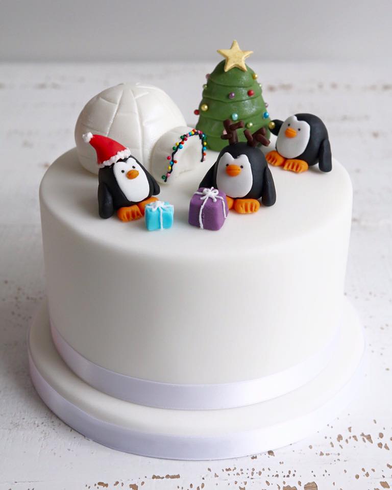 Christmas Cake with Penguins, Igloo and Christmas Tree