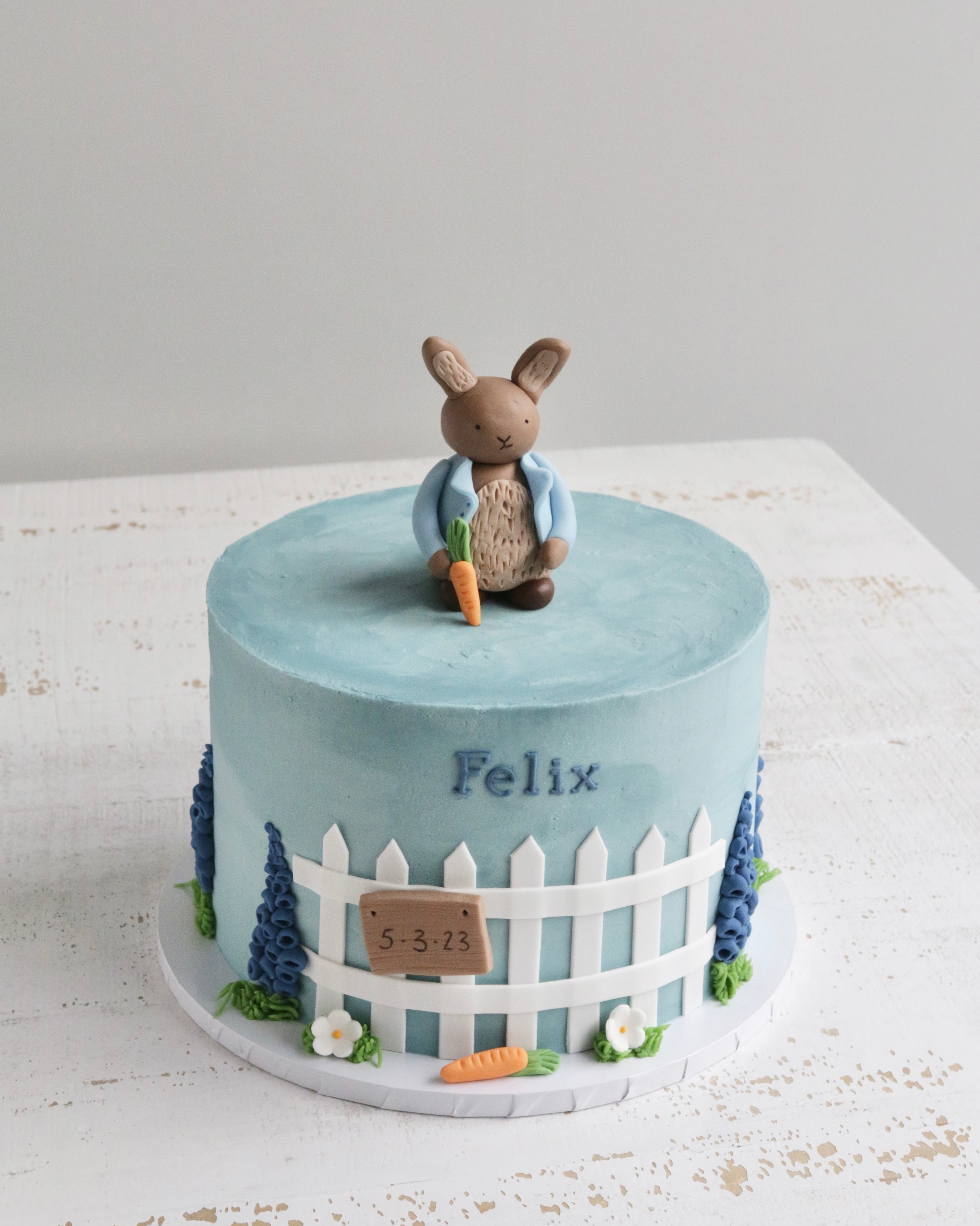 Peter Rabbit Blue Buttercream Cake Blue with Fence