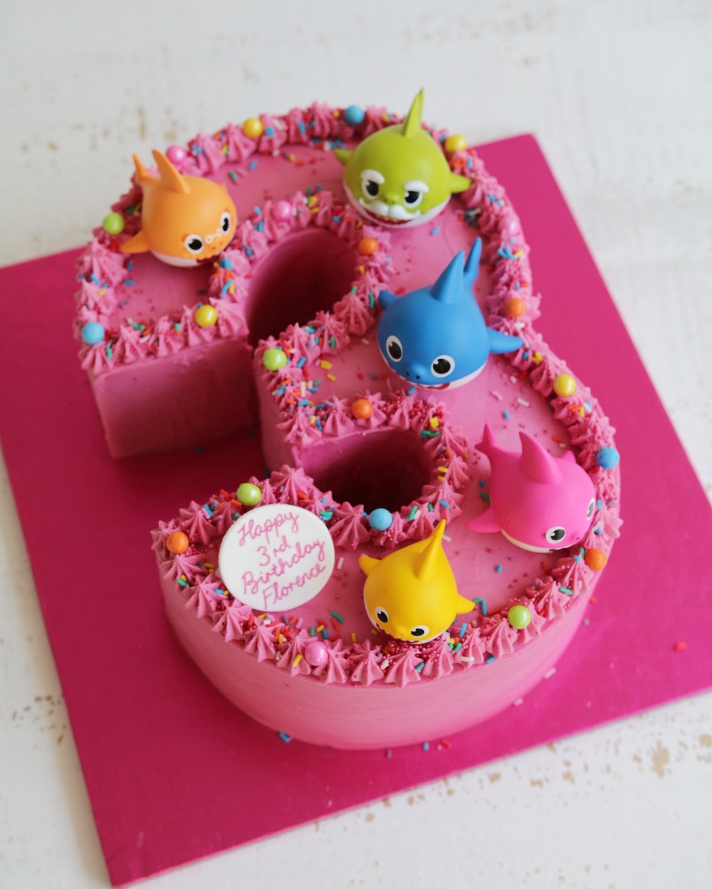 Pink Number 3 Baby Shark Cake