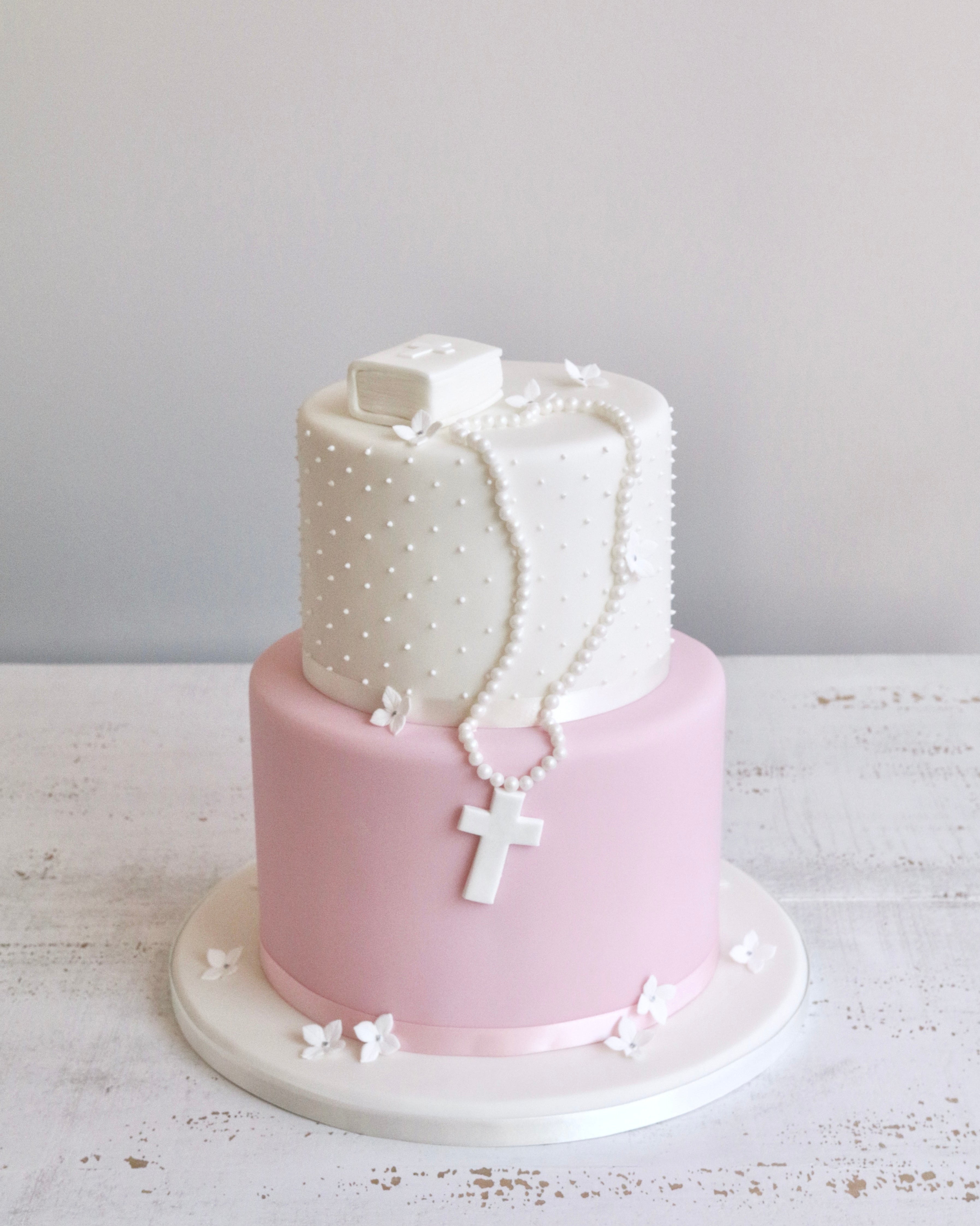 Two Tier Fondant Christening Cake with Pink Tier, Bible, Cross and Flowers