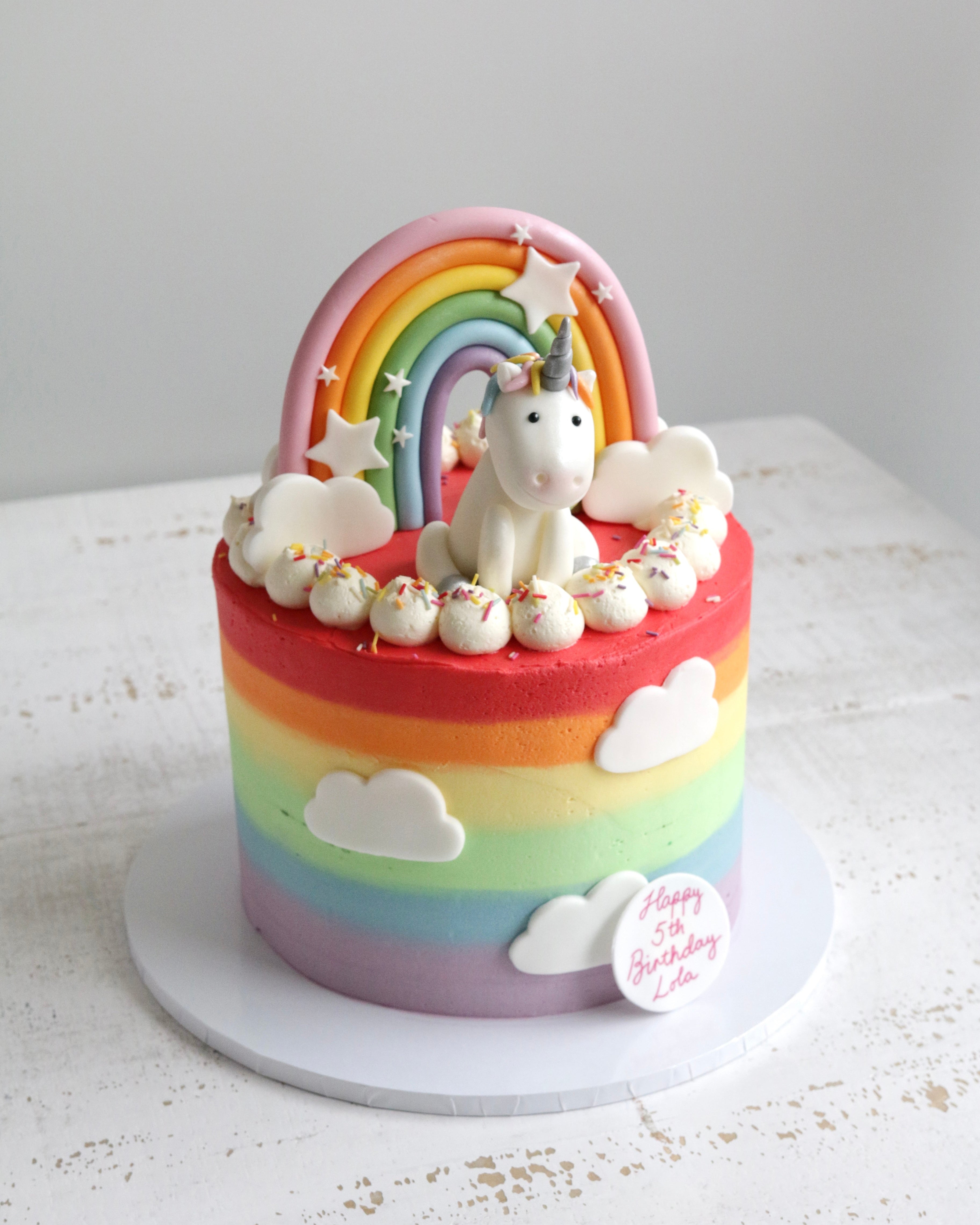 Buttercream Cake with Rainbow Outside and Fondant Rainbow and Unicorn on Top