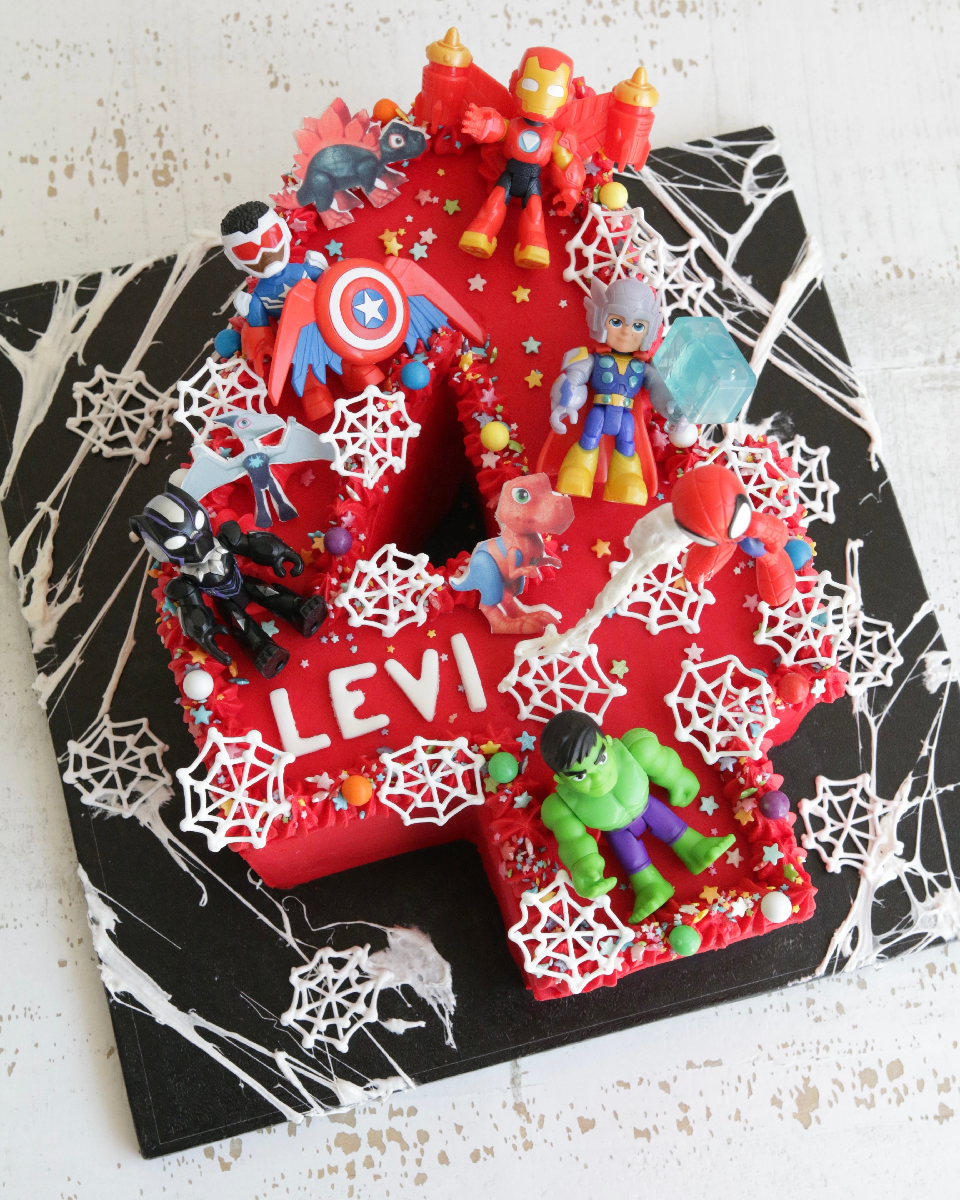 Red Buttercream Number 4 Cake with Spiderman, Spider Dinosaur and Superhero Decorations.jpg