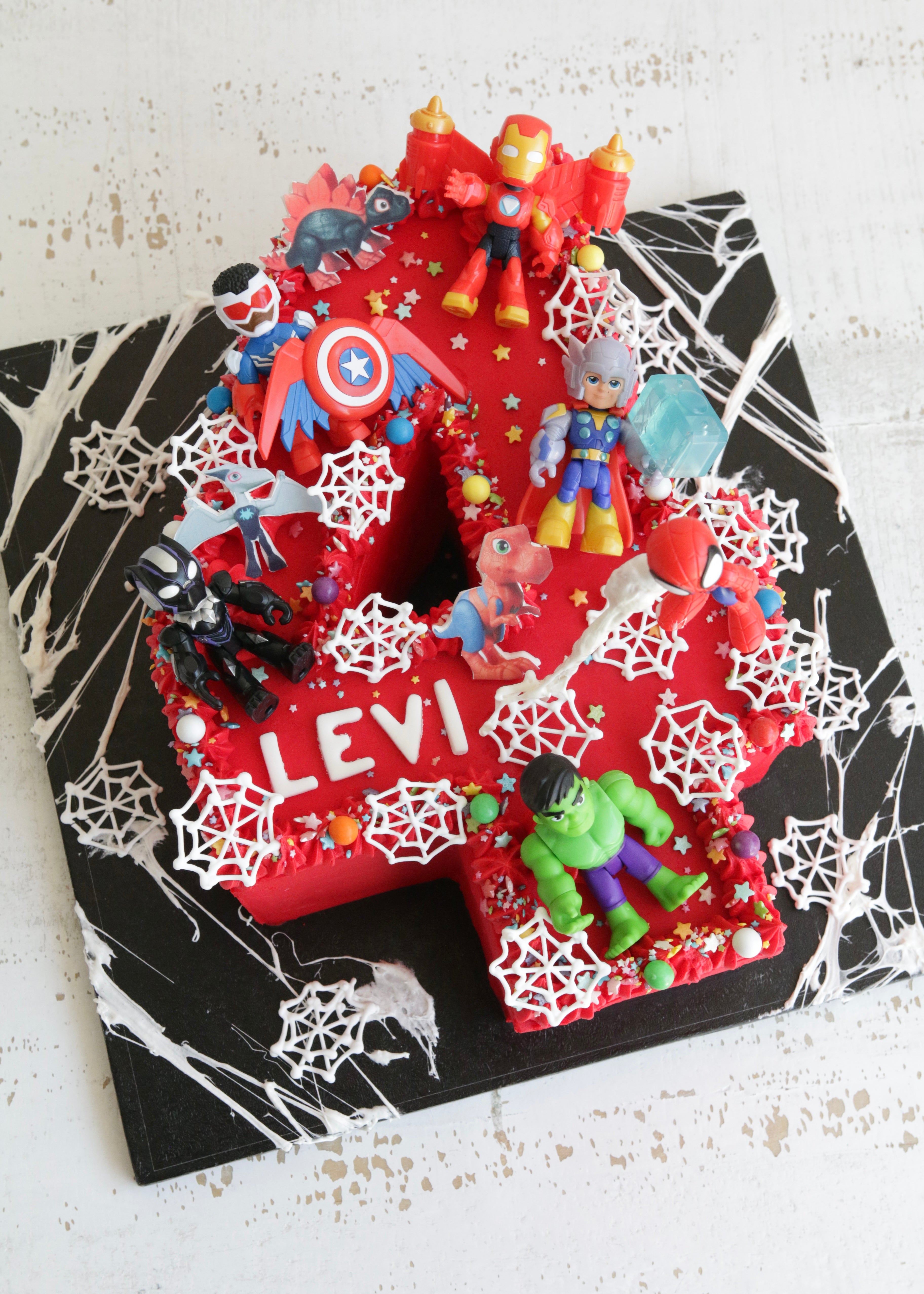 Red Buttercream Number 4 Cake with Spiderman, Spidey Dinosaur and Superhero Decorations