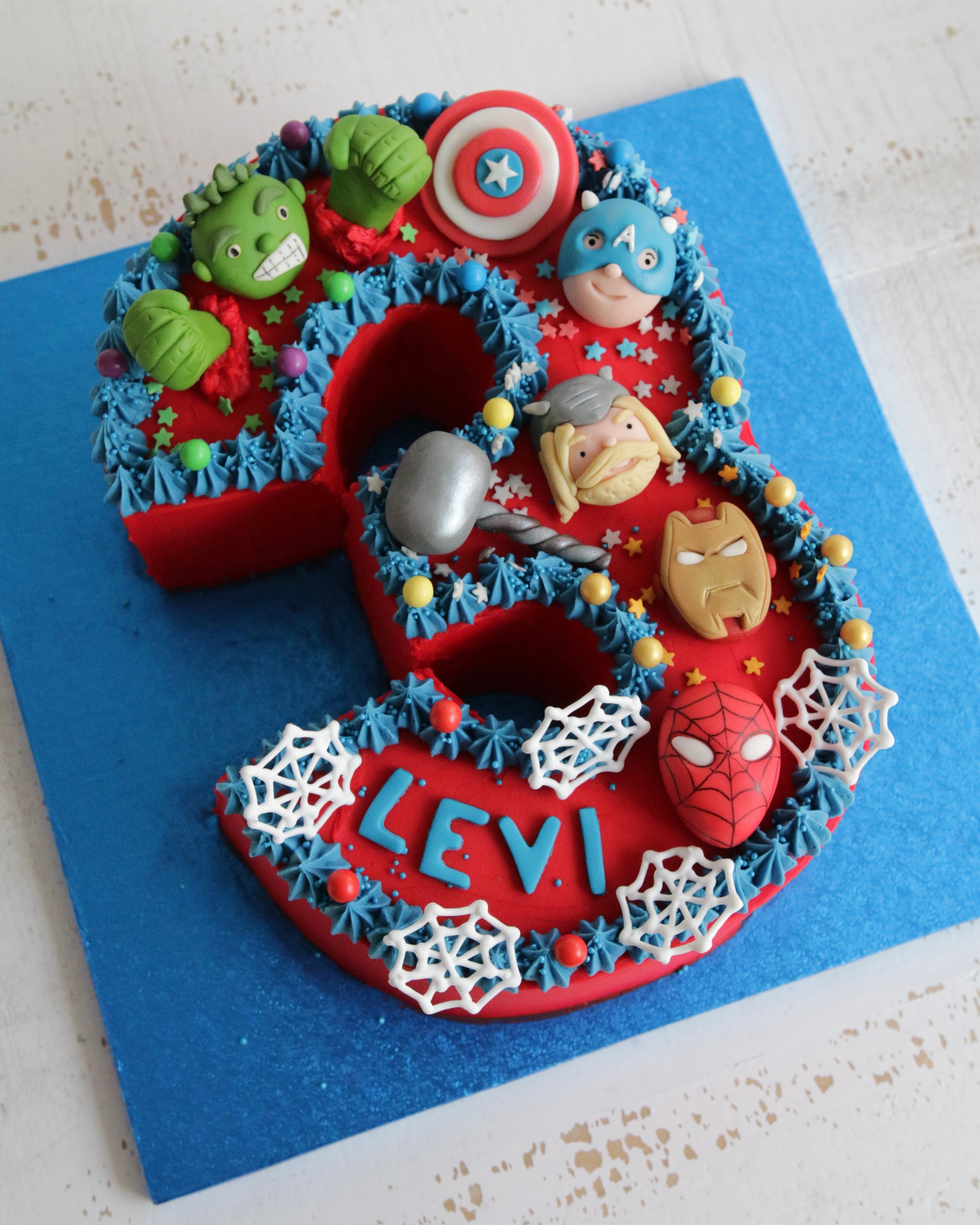 Superhero Number 3 Buttercream Birthday Cake in Red and Blue Colour Scheme with Hulk, Captain America, Thor, Iron Man and Spiderman