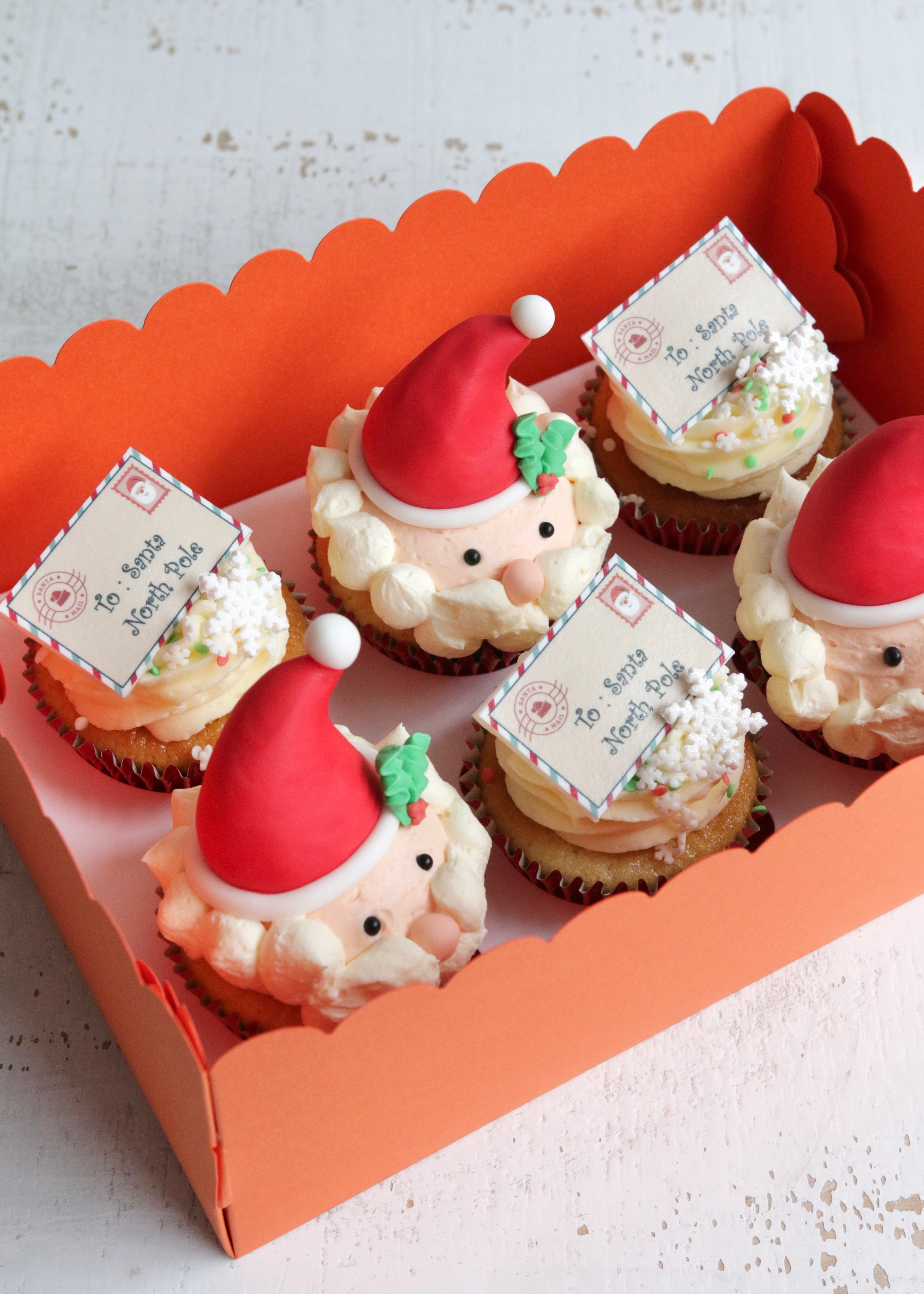 Close Up on Box of Cupcakes with Santa Head Decorations and Printed Letters to Santa