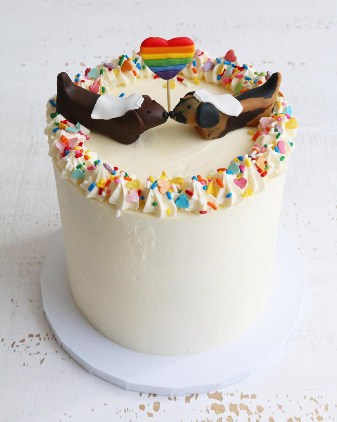 Wedding Cake with Two Sausage Dogs in Bridal Viels and Rainbow Heart