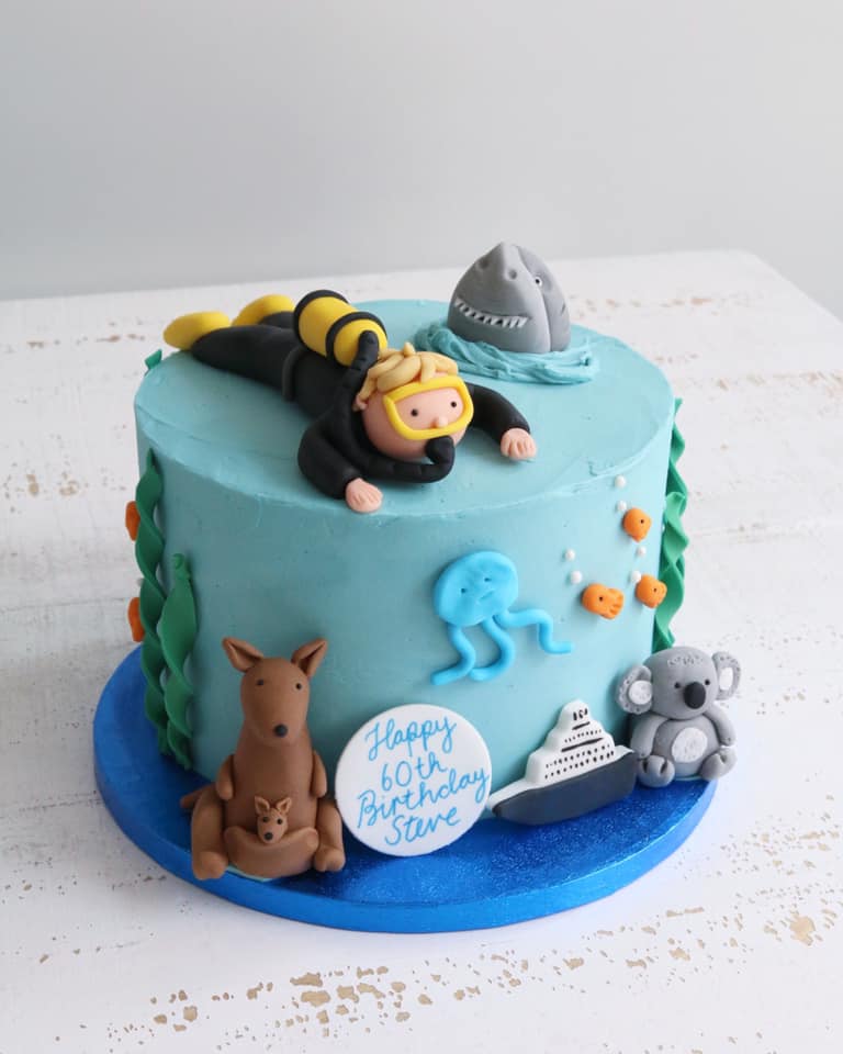 Australia Themed Cake with Scuba Diver, Shark, Ship, Kangaroo, Koala and other Sea Creatures