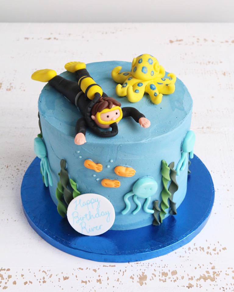 Blue Cake with Scuba Diver, Octopus, Jellyfish, Fish and Seaweed