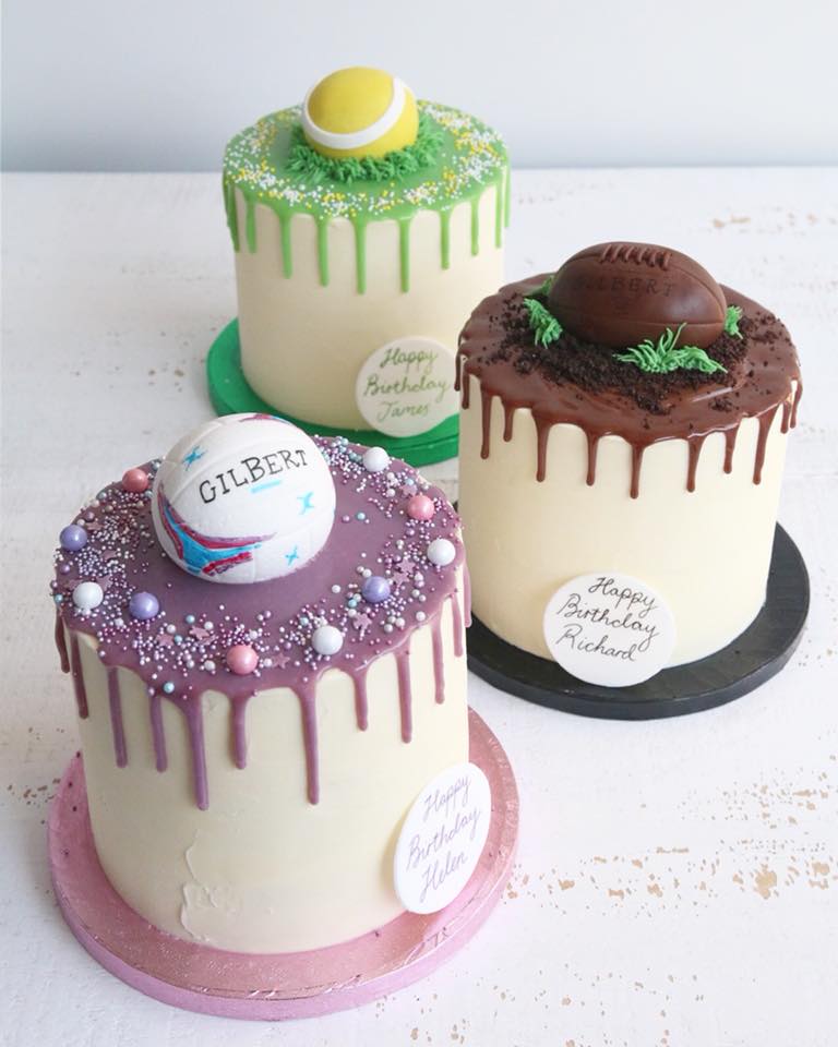 Rugby Ball, Tennis Ball and Netball Drip Cakes