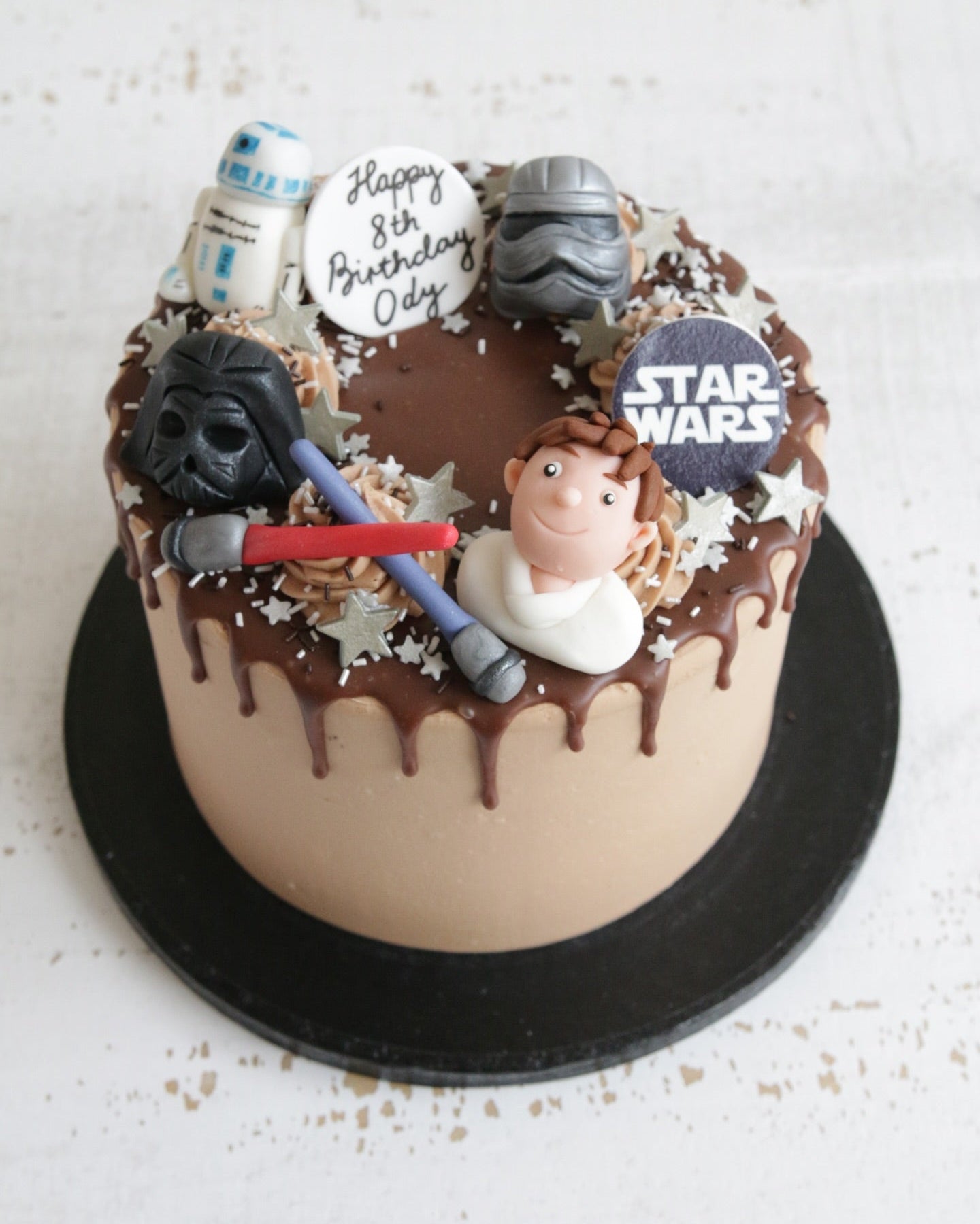 Star Wars Chocolate Drip Cake with Luke Skywalker, Darth Vader, R2D2 and Captain Phasma